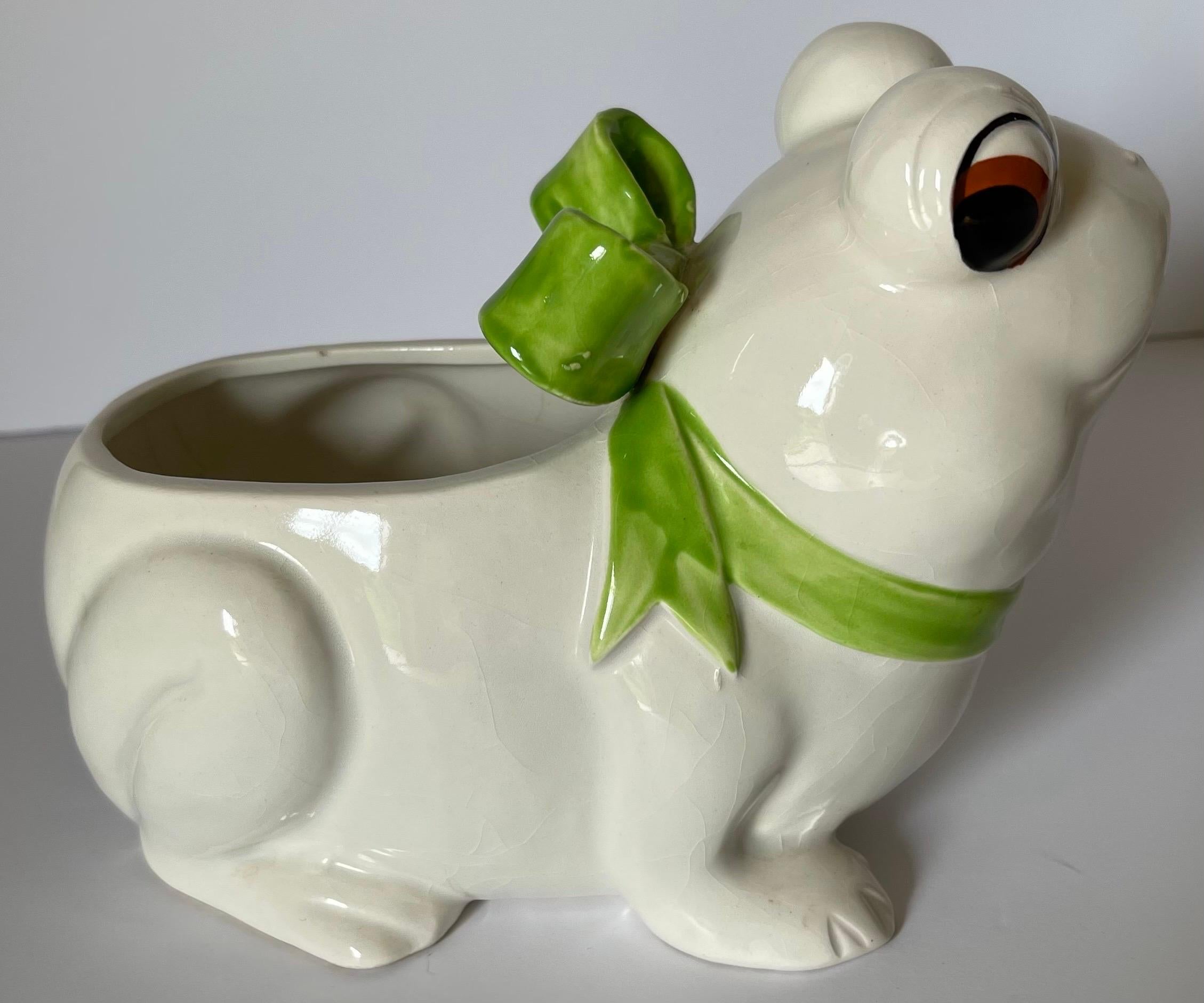1970s Ceramic Frog Planter with Green Bows  In Good Condition For Sale In Stamford, CT