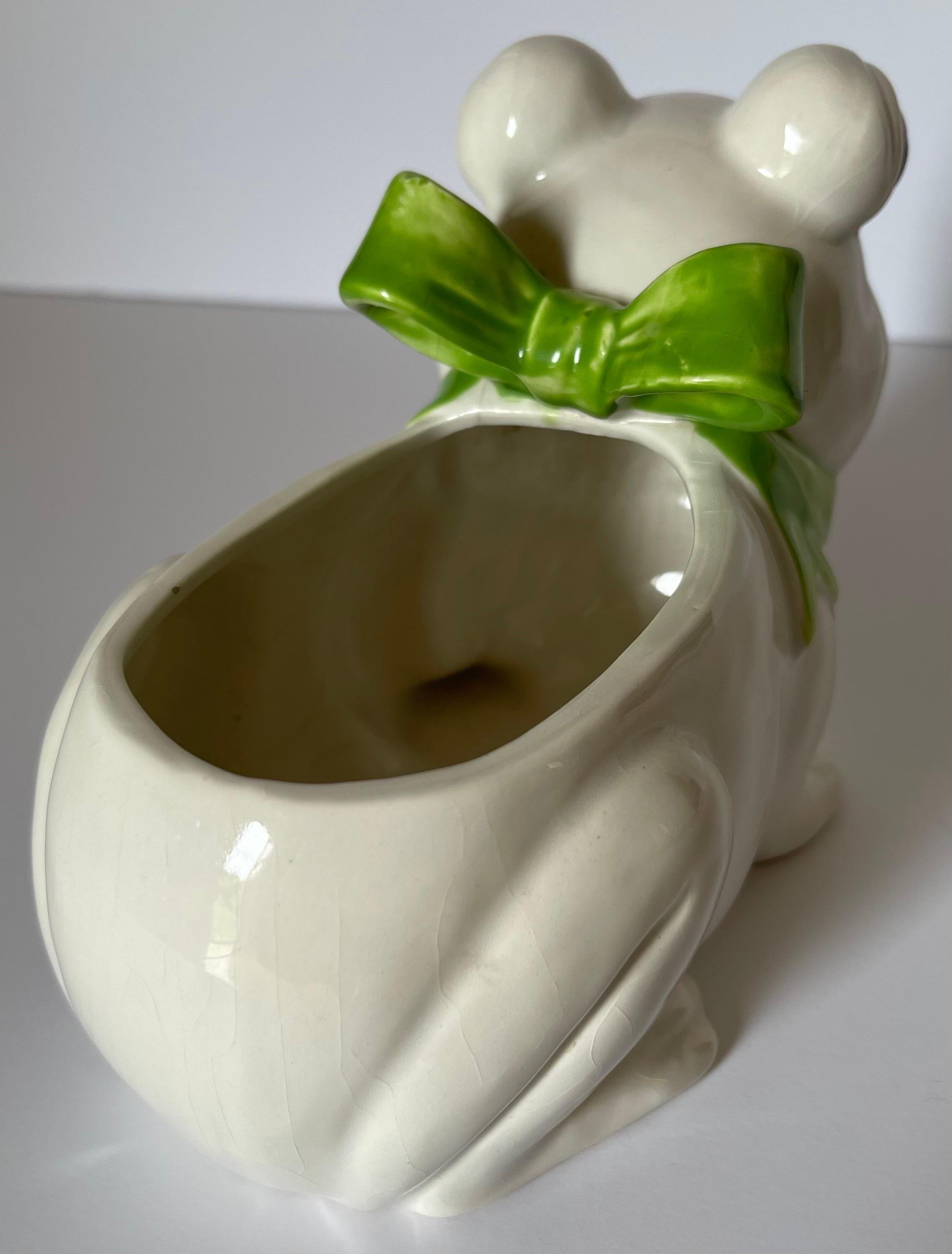 Late 20th Century 1970s Ceramic Frog Planter with Green Bow For Sale