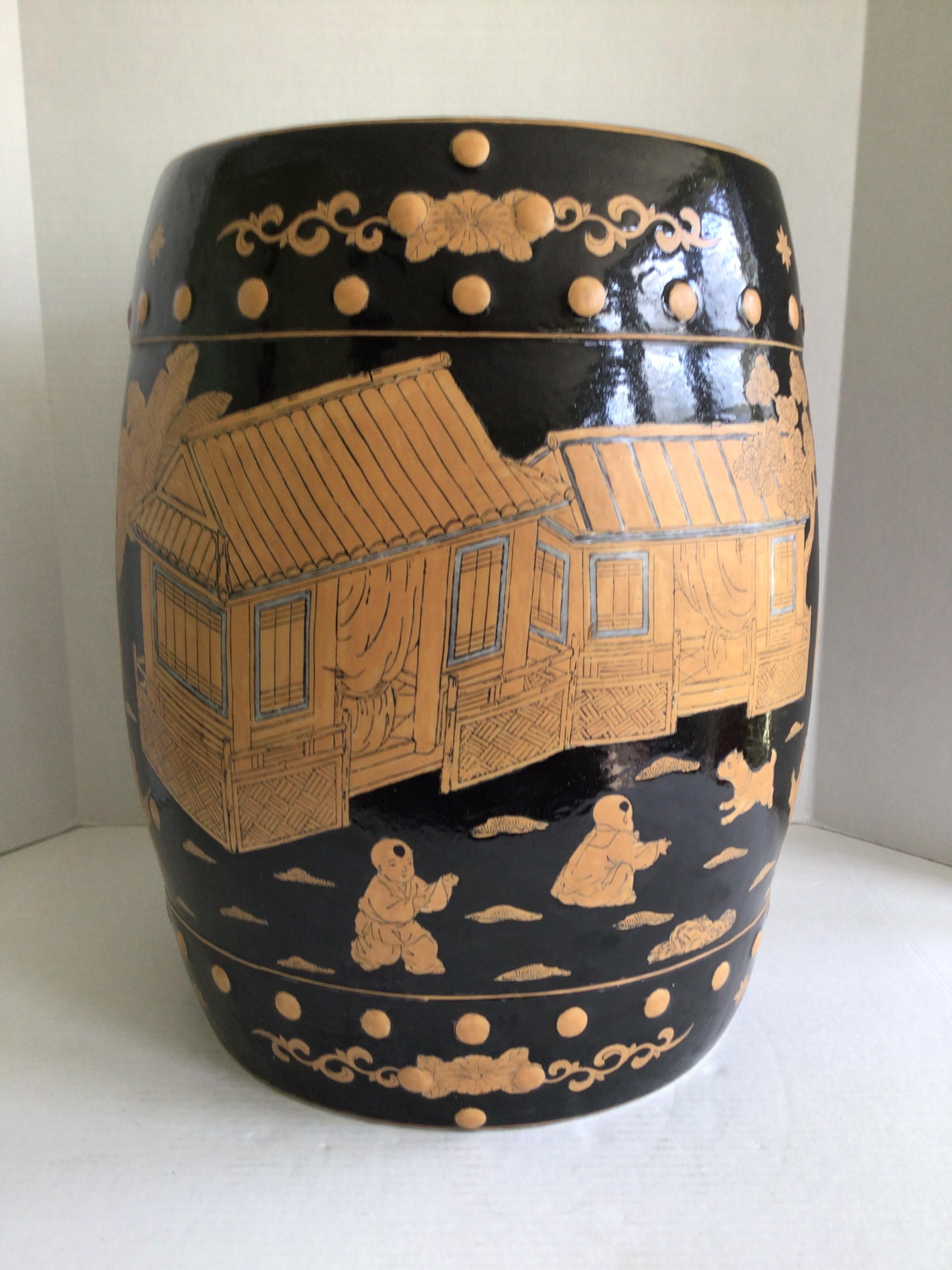 Ajoutez du charme à votre intérieur ou à l'extérieur avec cette collection. 
Siège de jardin en céramique des années 1970
Glaçure noire et feu représentant une scène de village asiatique/oriental 
LOURDES
