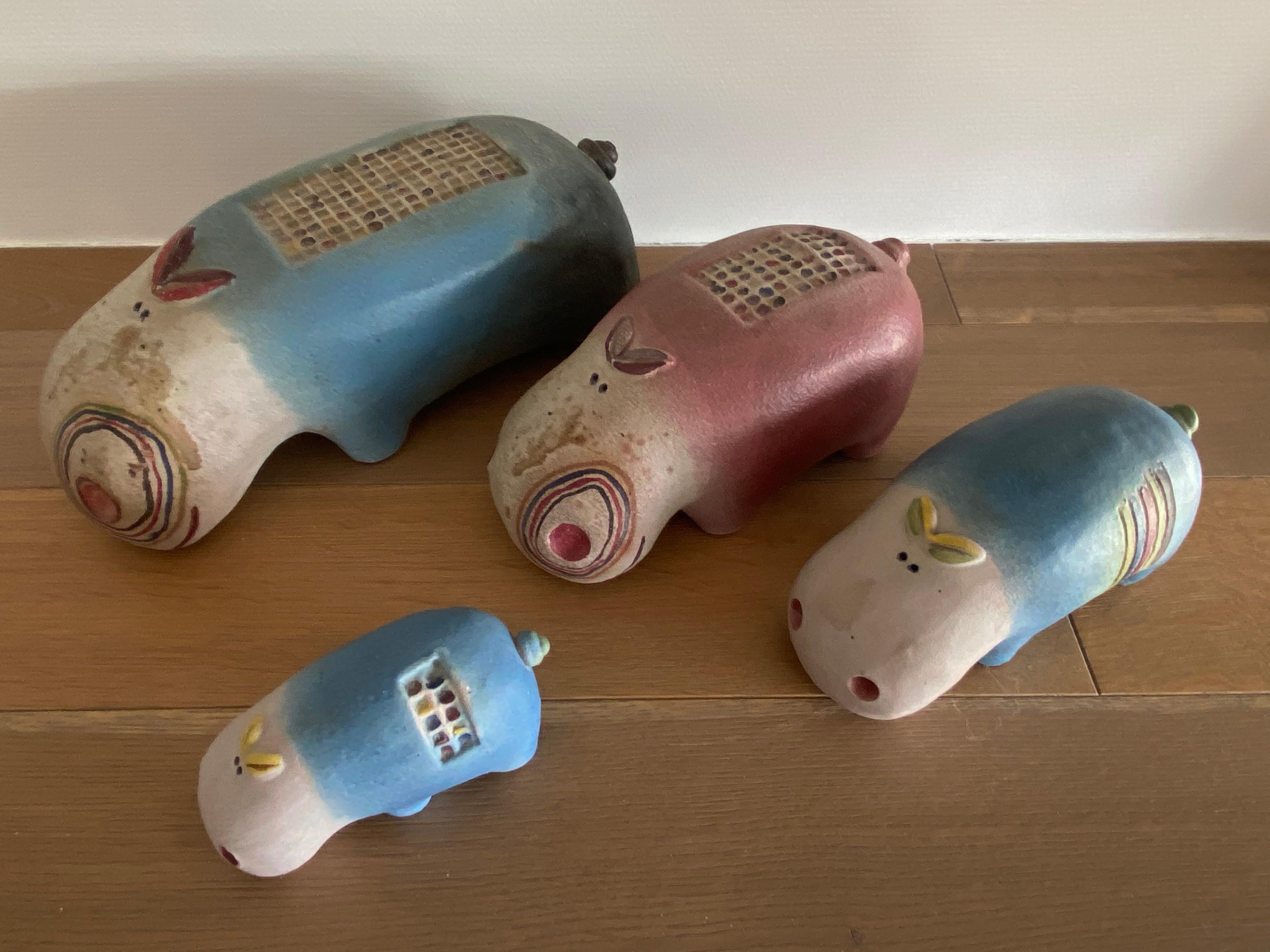 Mid-Century Modern 1970s Ceramic Hippopotamus Family