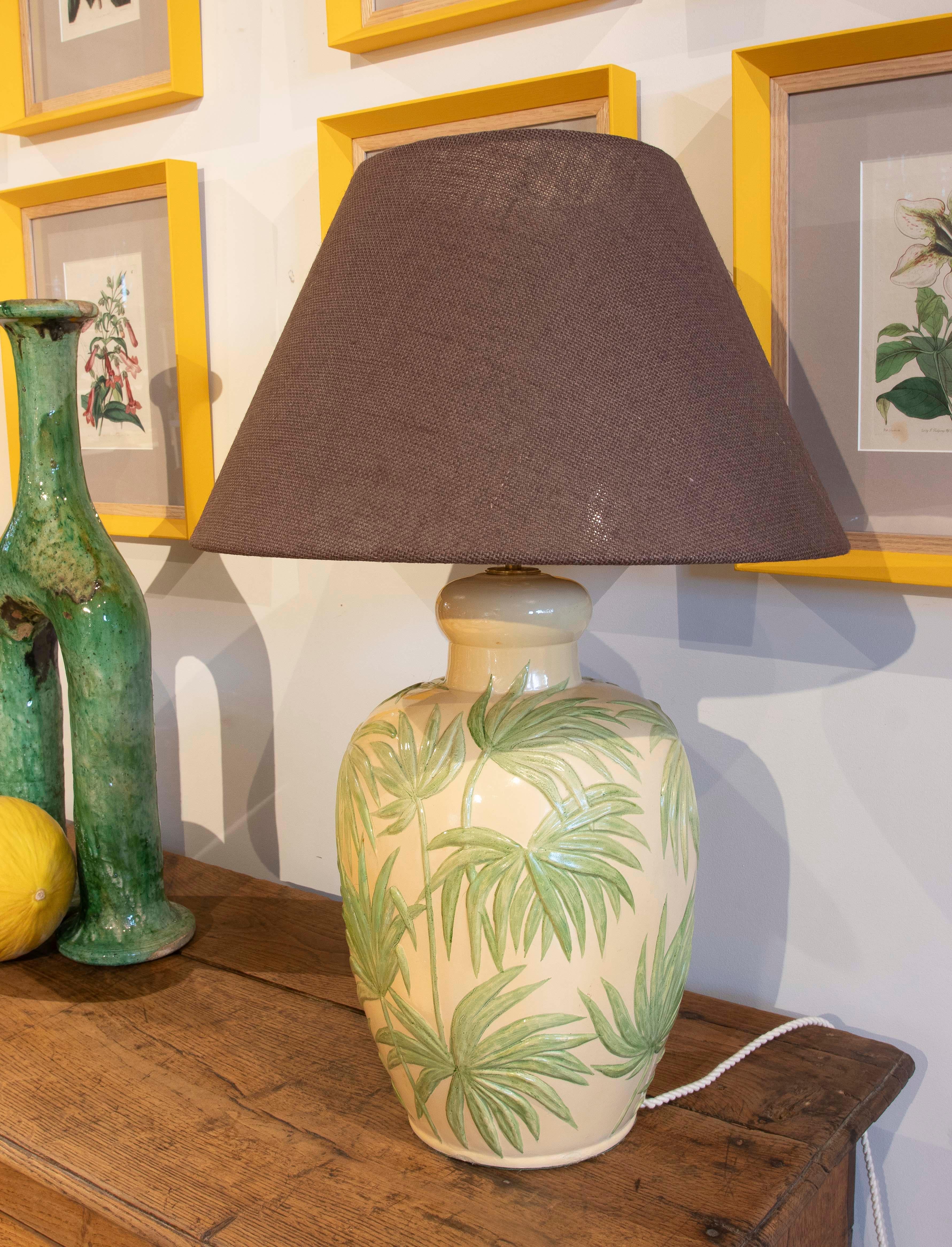 1970s Ceramic Lamp with Palm Tree Decoration 
The Height Includes the Screen