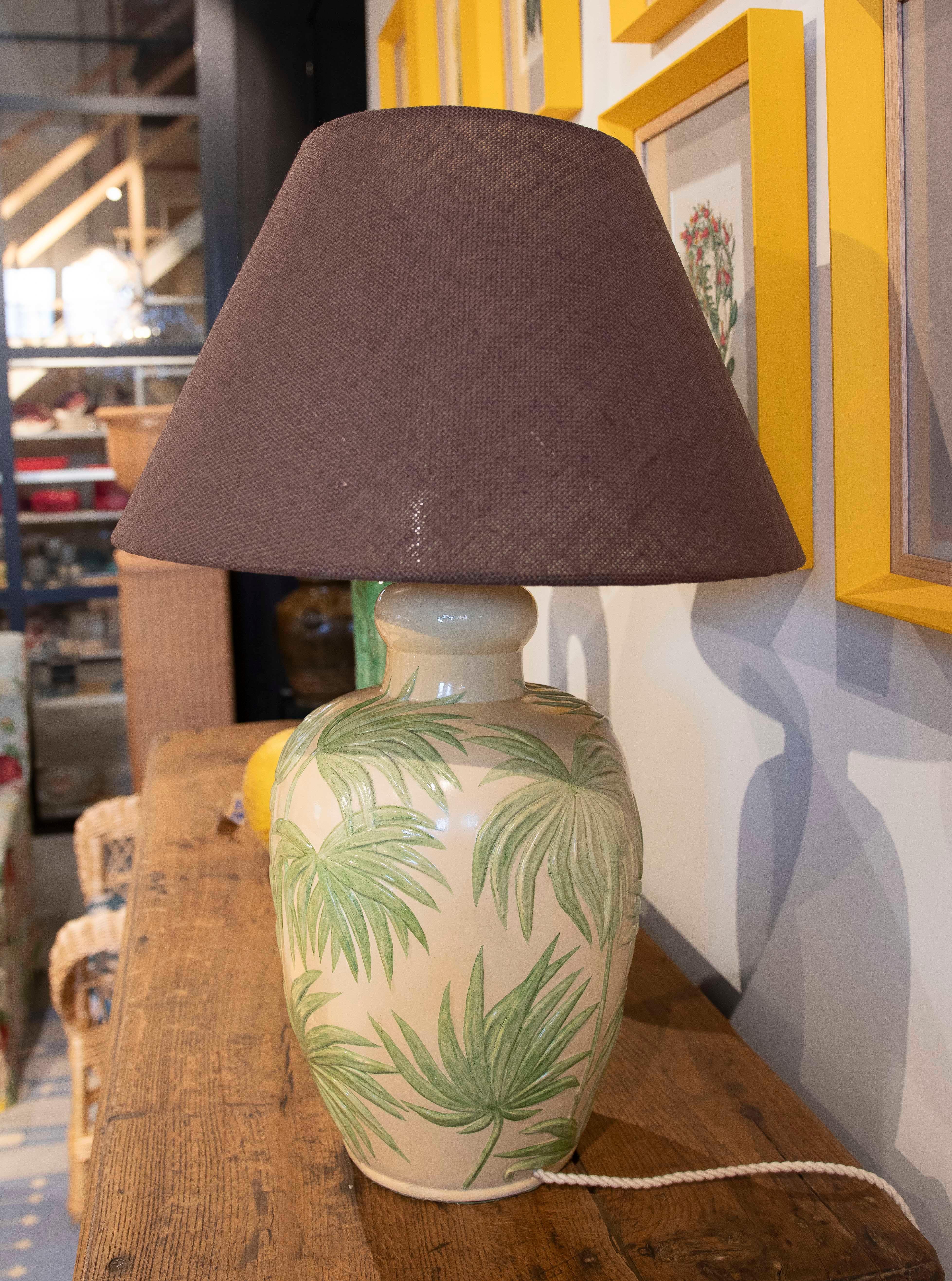 Spanish 1970s Ceramic Lamp with Palm Tree Decoration  For Sale