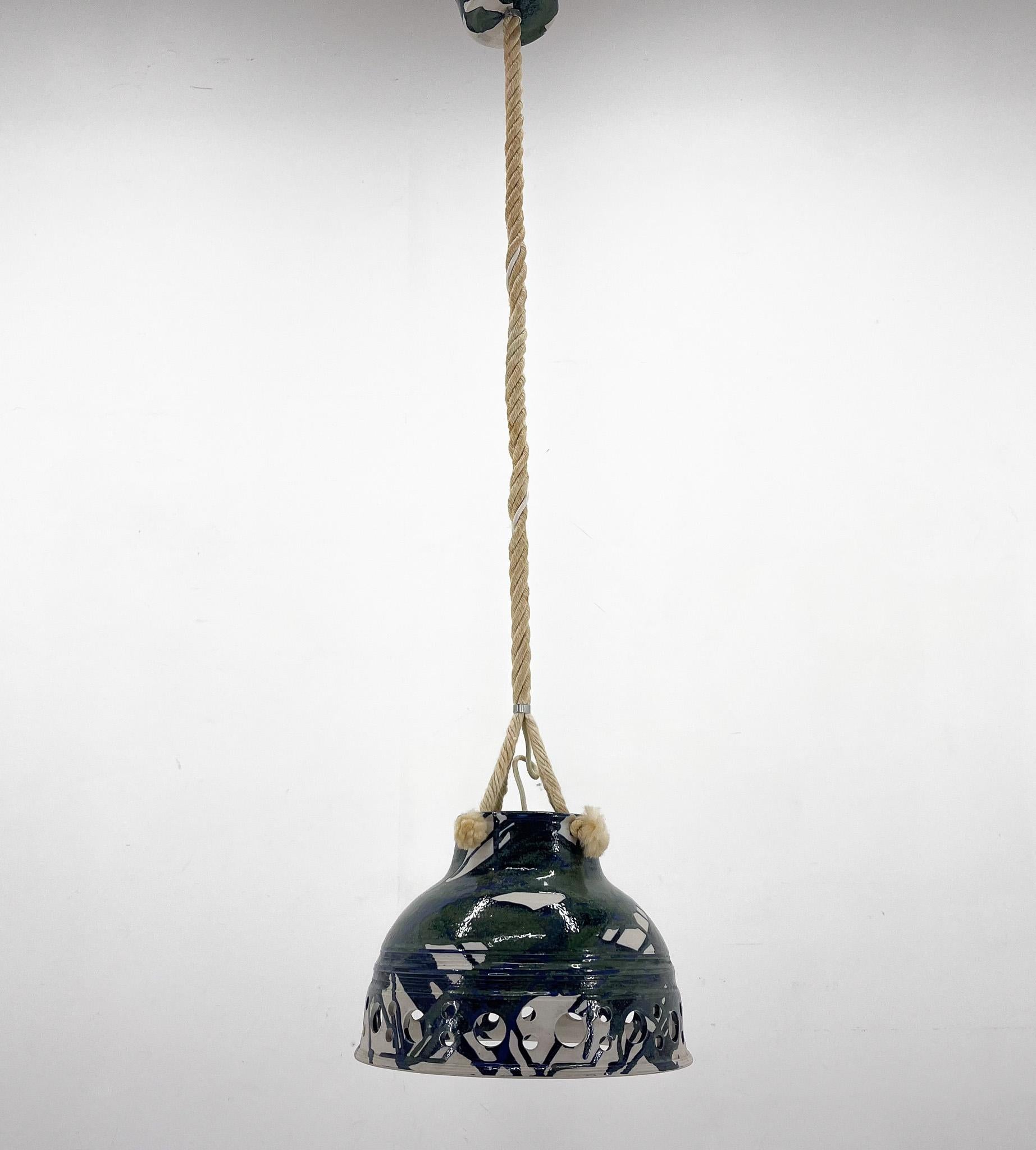 Mid-Century Modern 1970s Ceramic Pendant Light Suspended on a on Rope, Denmark For Sale