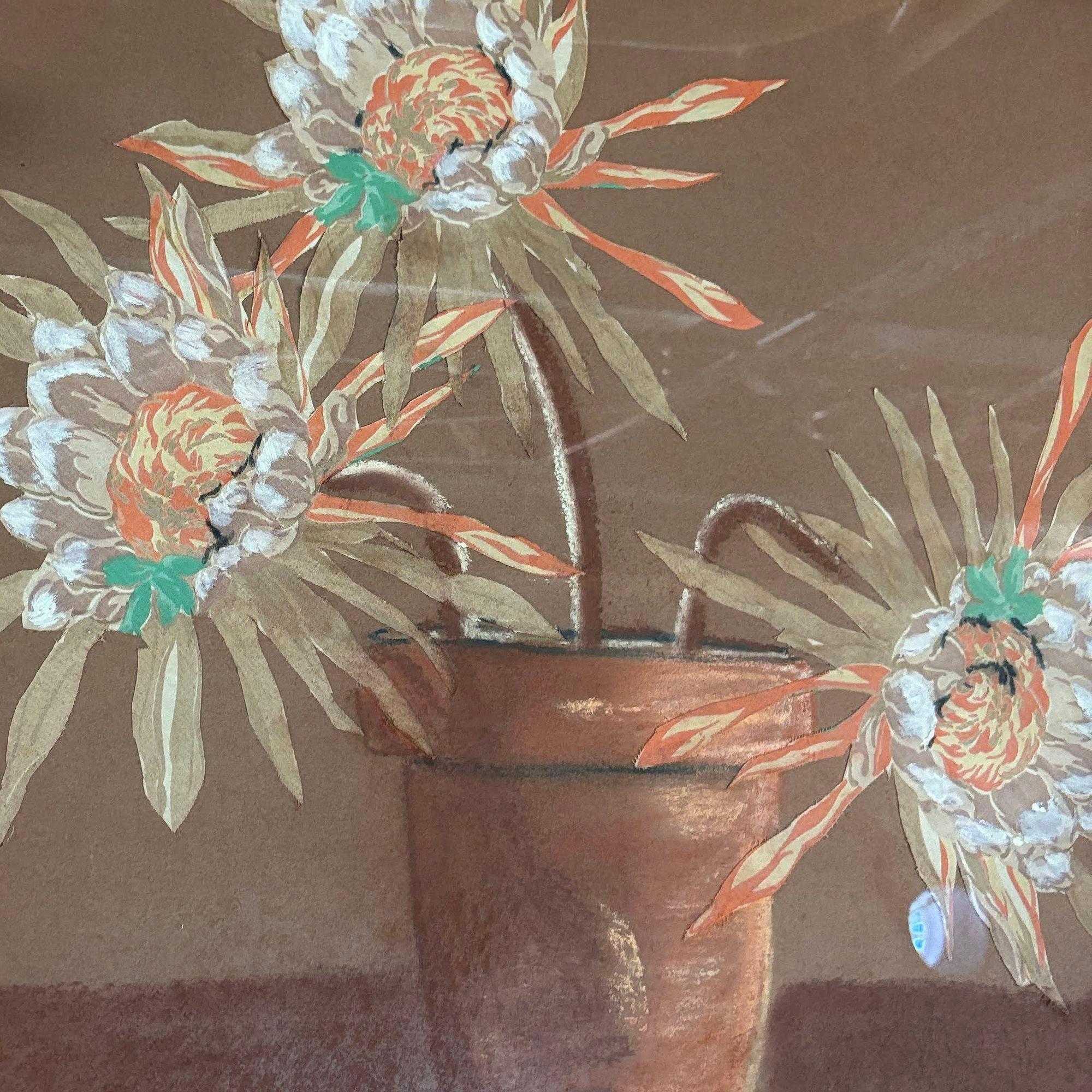 This unique artwork features a Cereus flower in a pot, crafted through a creative collage of layered fabric and paint. The piece is a one-of-a-kind creation by an unknown artist, blending textures and colors to bring the vibrant bloom to life. It is