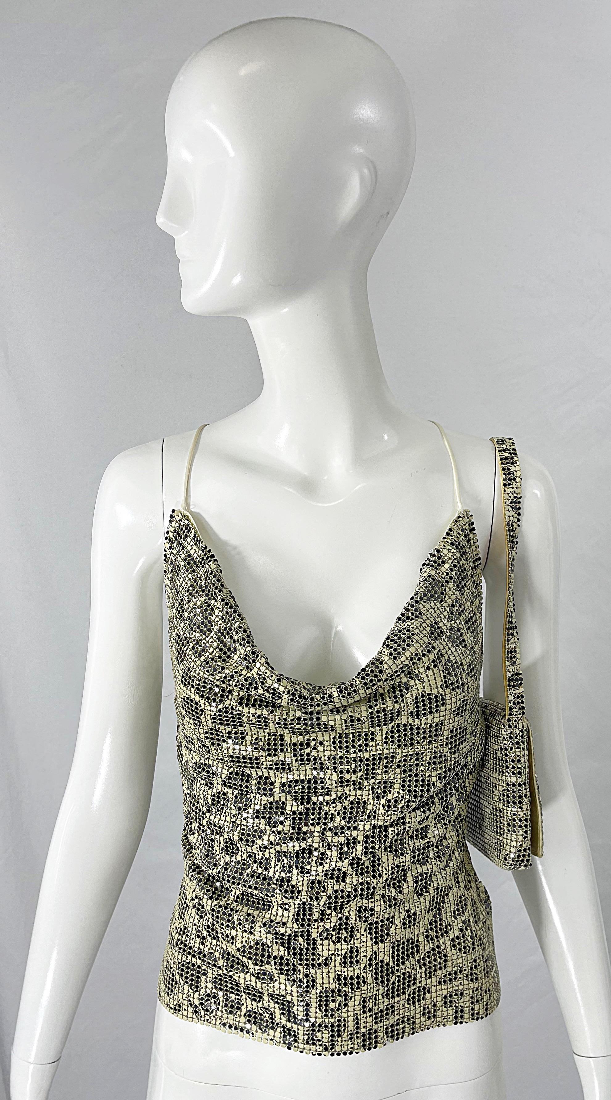 Sexy 90s does 70s vintage chainmail disco animal leopard print halter top and bag set ! Features a chic black and ivory cheetah print throghout. The thing I particularly love about this top is that it is lined in a silky ivory fabric, so it is not