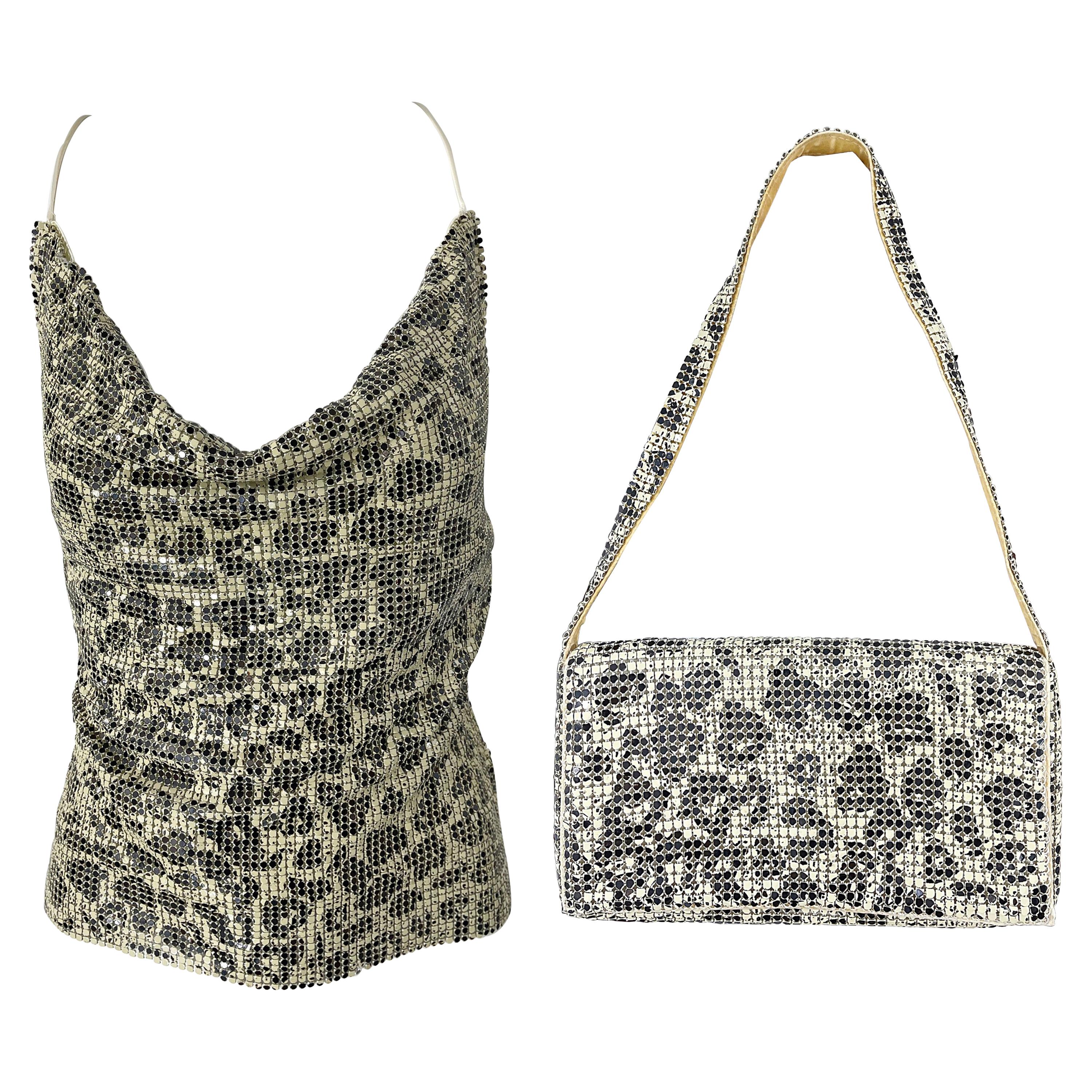 Ensemble haut dos nu et sac à main en cotte de mailles imprimé léopard noir et blanc des années 1990 en vente