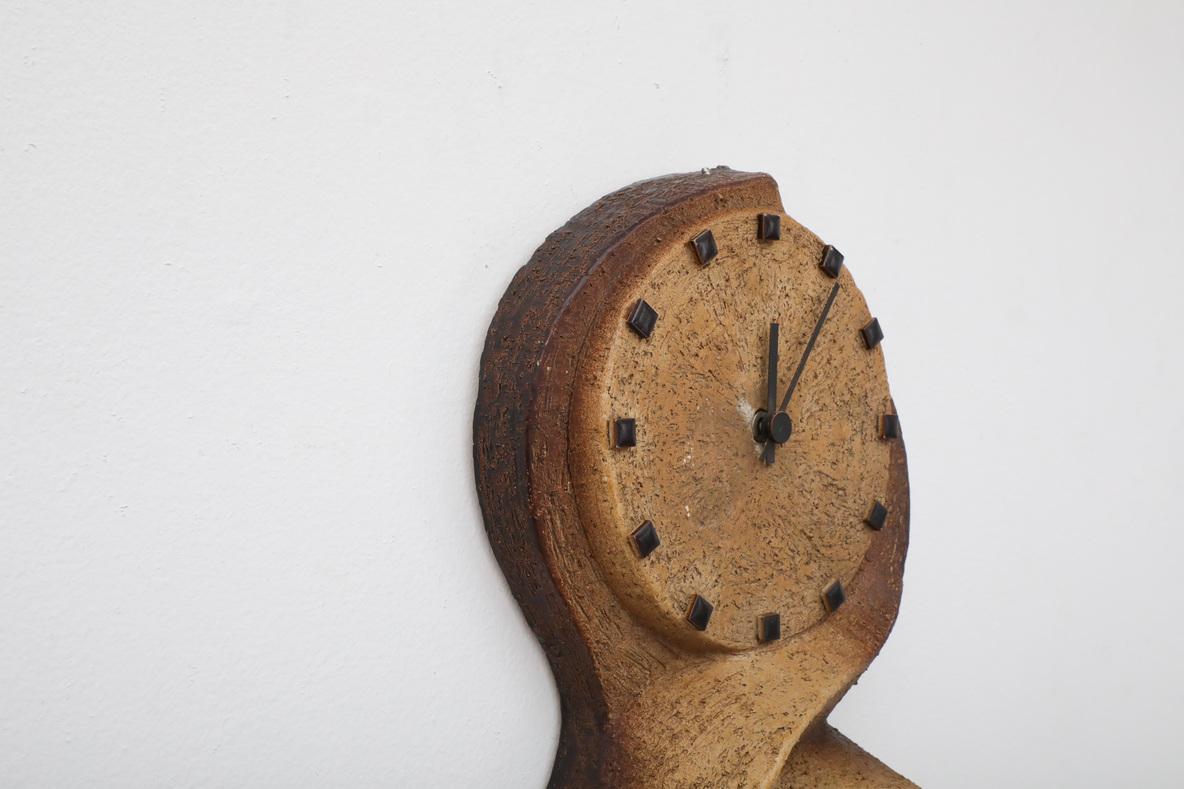 Brutalist 1970's Chamotte Earthenware Wall Mount Clock with Light For Sale