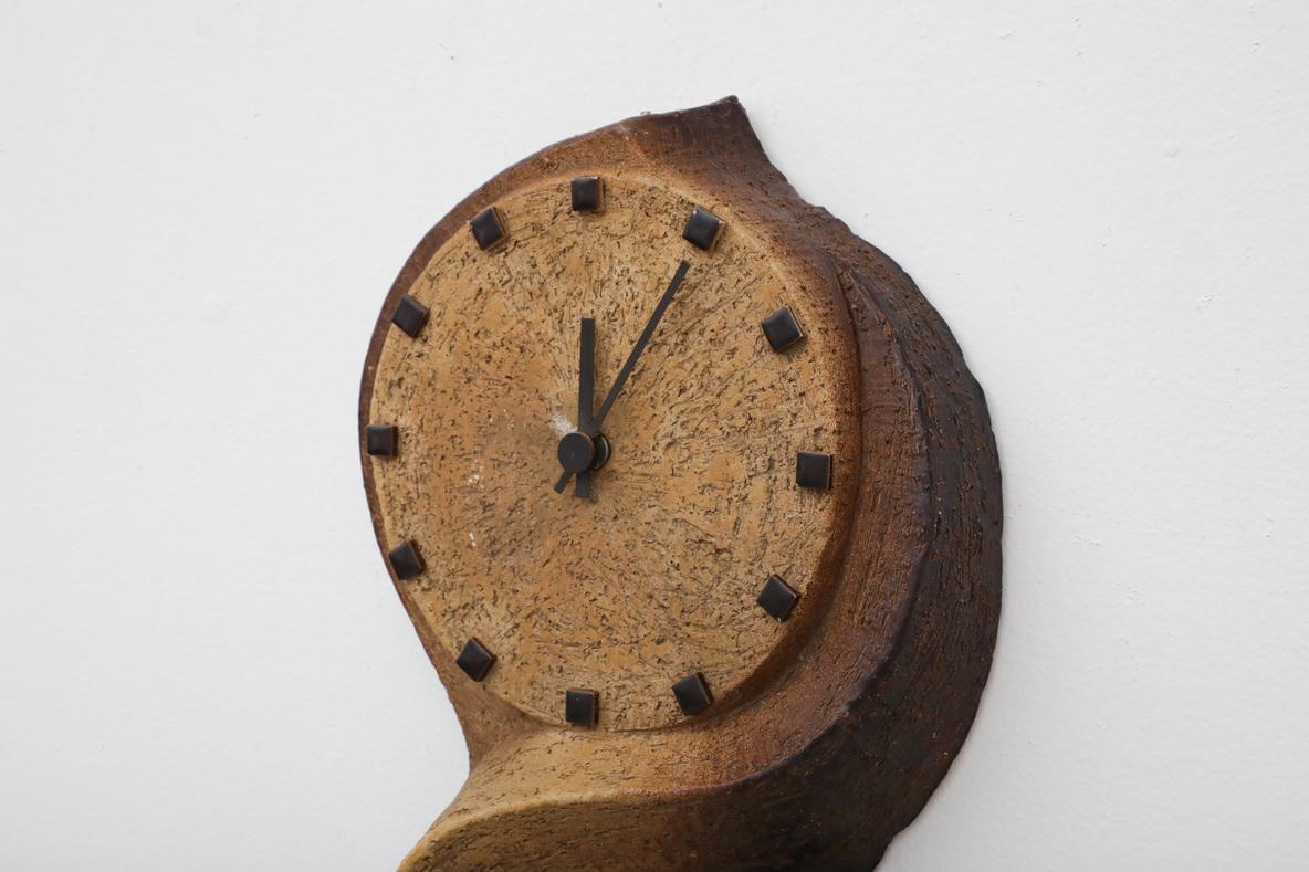 German 1970's Chamotte Earthenware Wall Mount Clock with Light For Sale