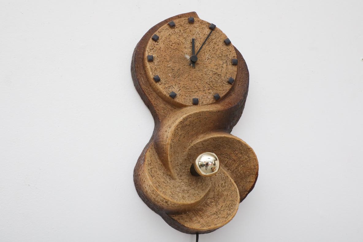 1970's Chamotte Earthenware Wall Mount Clock with Light For Sale 1