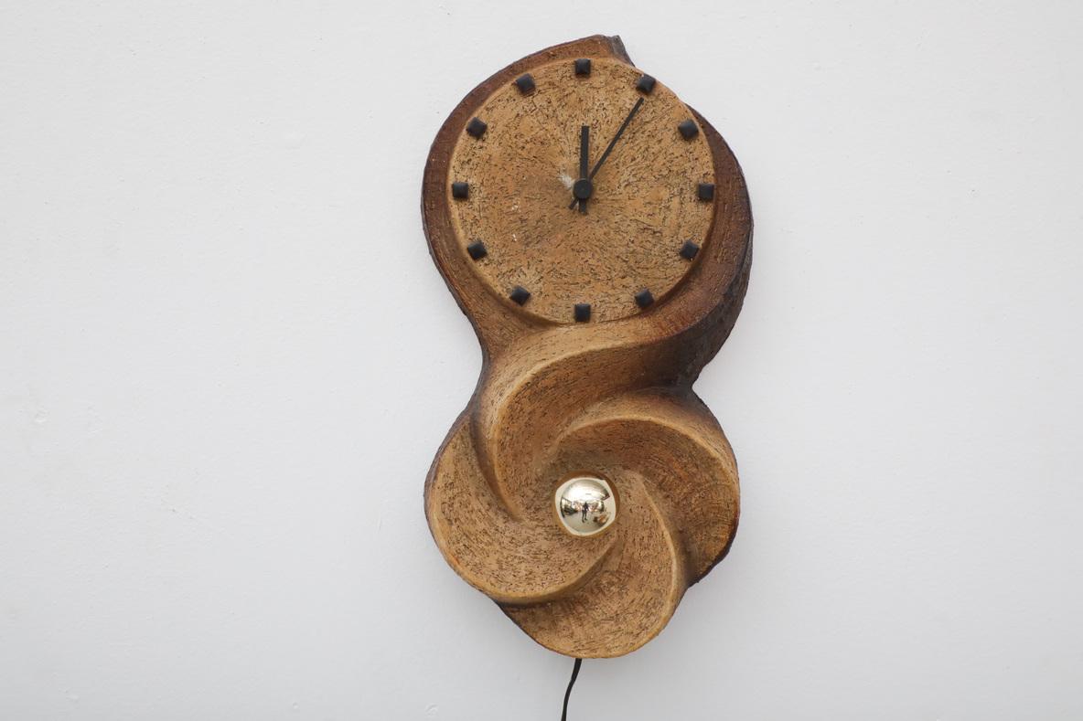 1970's Chamotte Earthenware Wall Mount Clock with Light For Sale 2