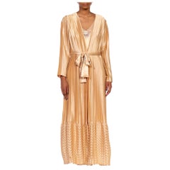 1970S Champagne Polyester Satin Lace Trim Slip Dress With Matching Pleated Robe