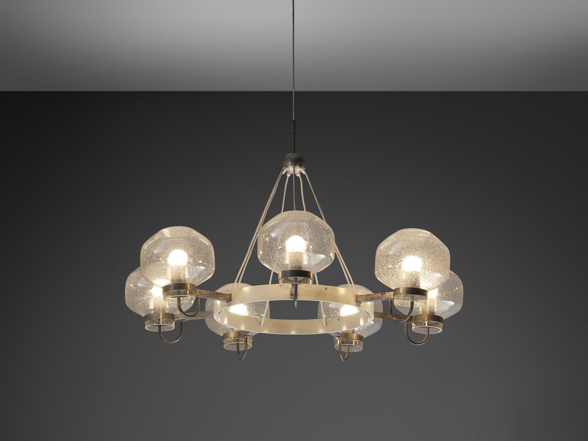 Chandelier, lacquered metal, blown glass, Europe, 1970s

This remarkable chandelier, hailing from Europe, commands attention with its impressive size of 115 cm (45.27 inches). Designed to illuminate expansive spaces, its clean and understated
