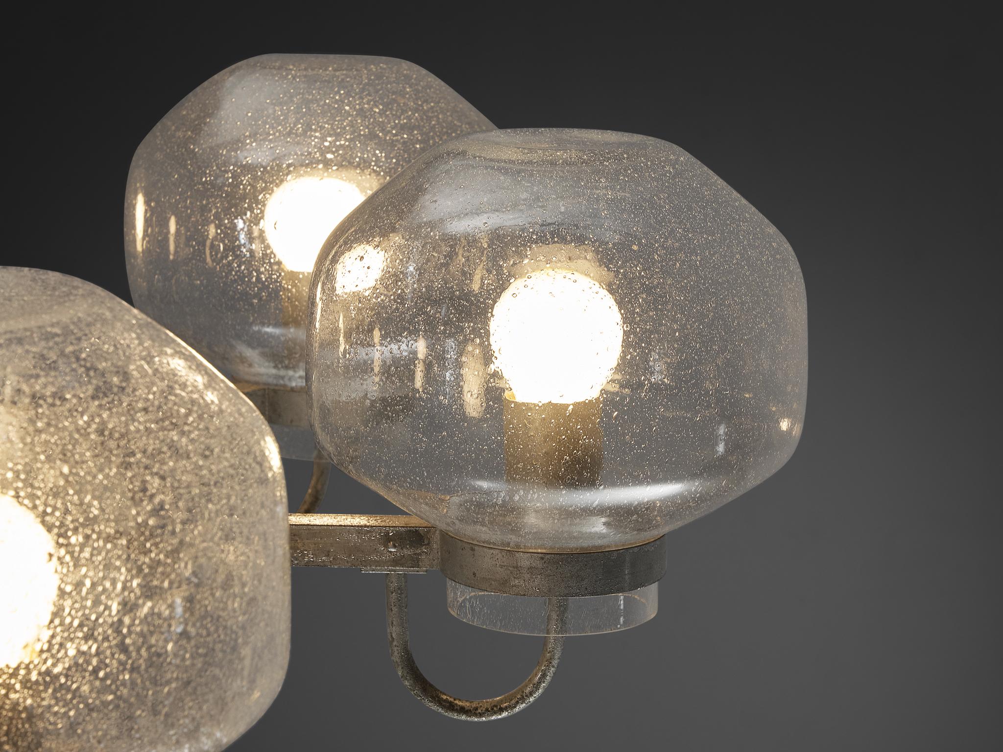 1970s Chandelier in Silver-Colored Metal & Blown Glass For Sale 1