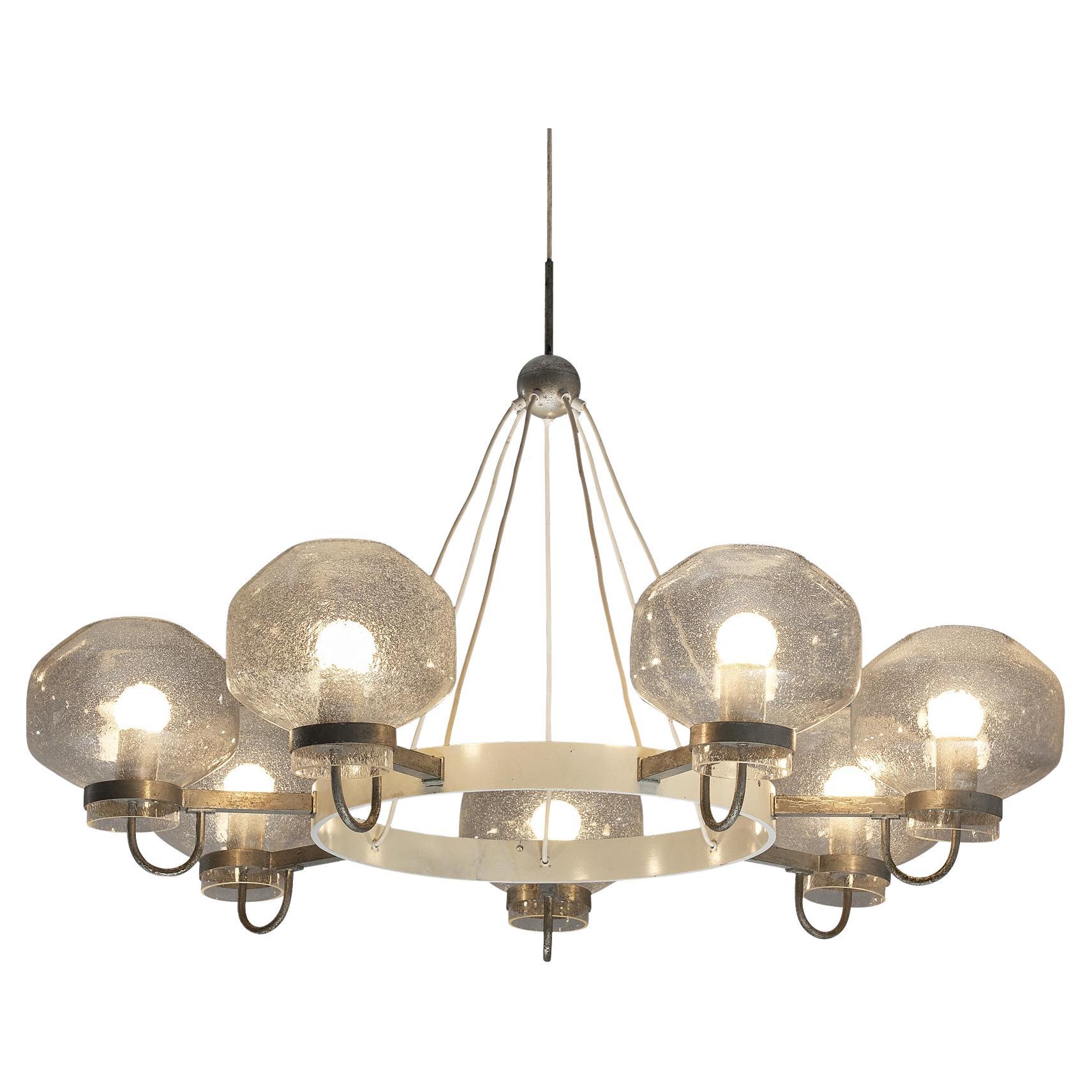 1970s Chandelier in Silver-Colored Metal & Blown Glass
