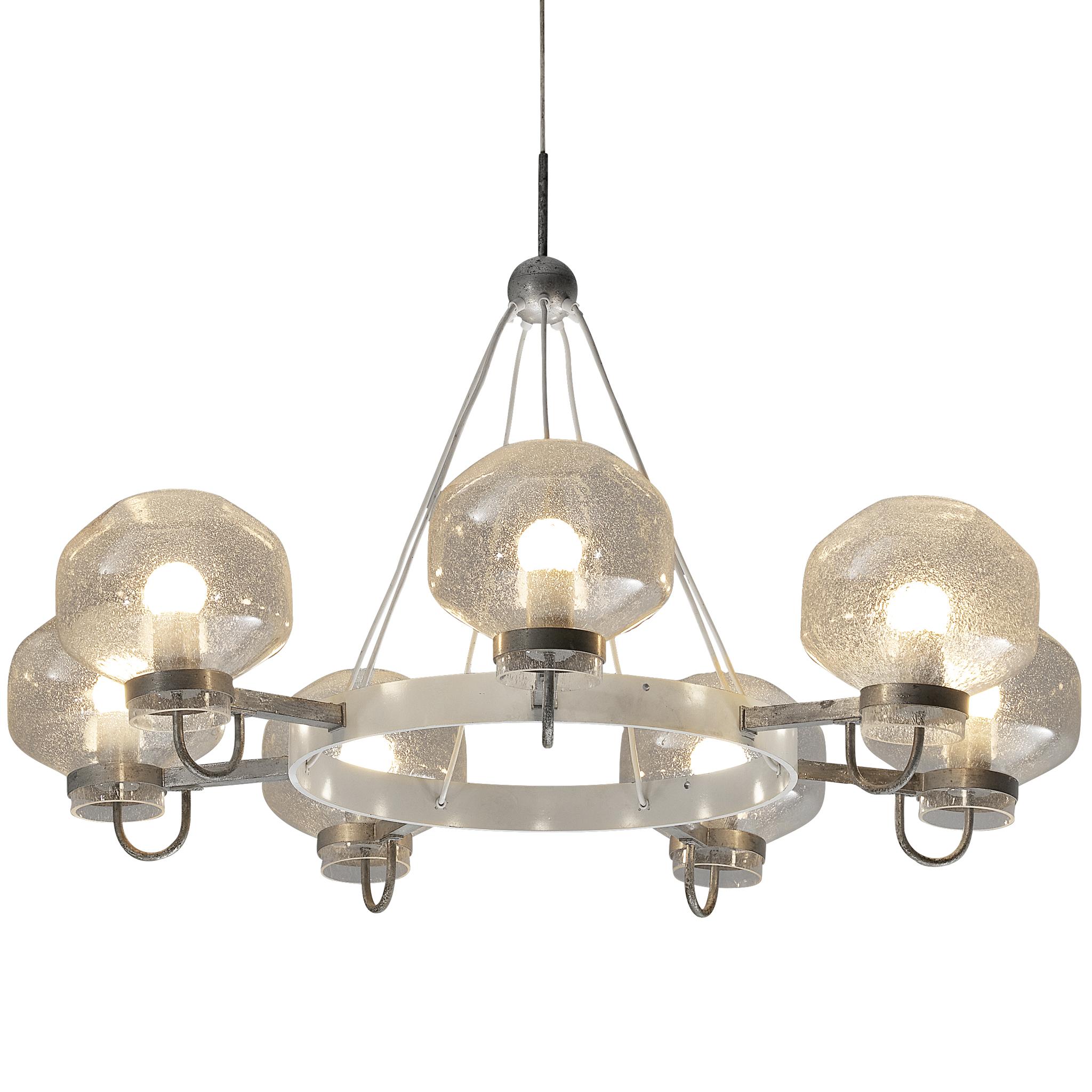 1970s Chandelier in Silver-Colored Metal & Blown Glass
