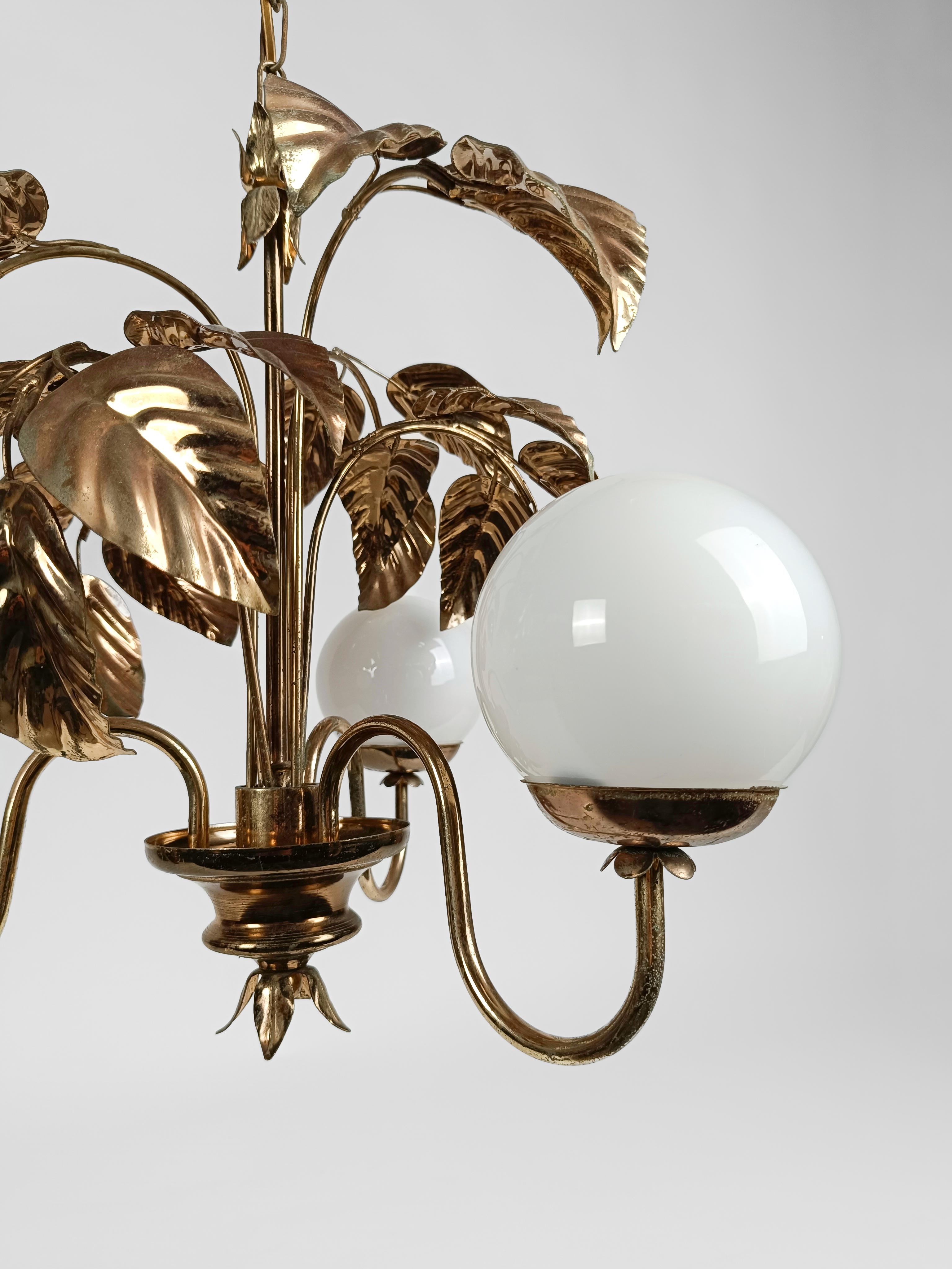1970s Chandelier in the style of Hans Kögl with Gilded Leaves and White Opaline For Sale 6