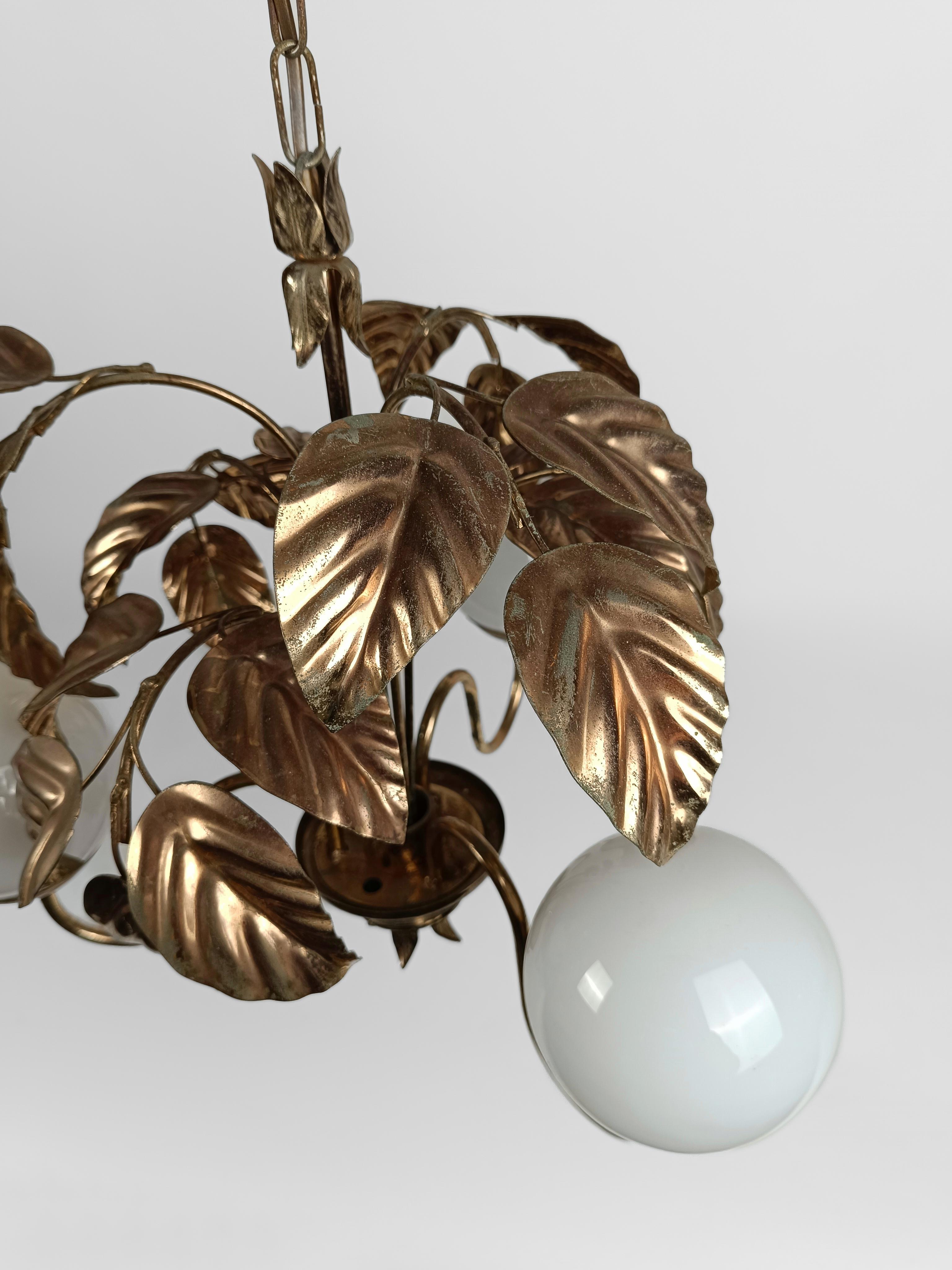 1970s Chandelier in the style of Hans Kögl with Gilded Leaves and White Opaline For Sale 8