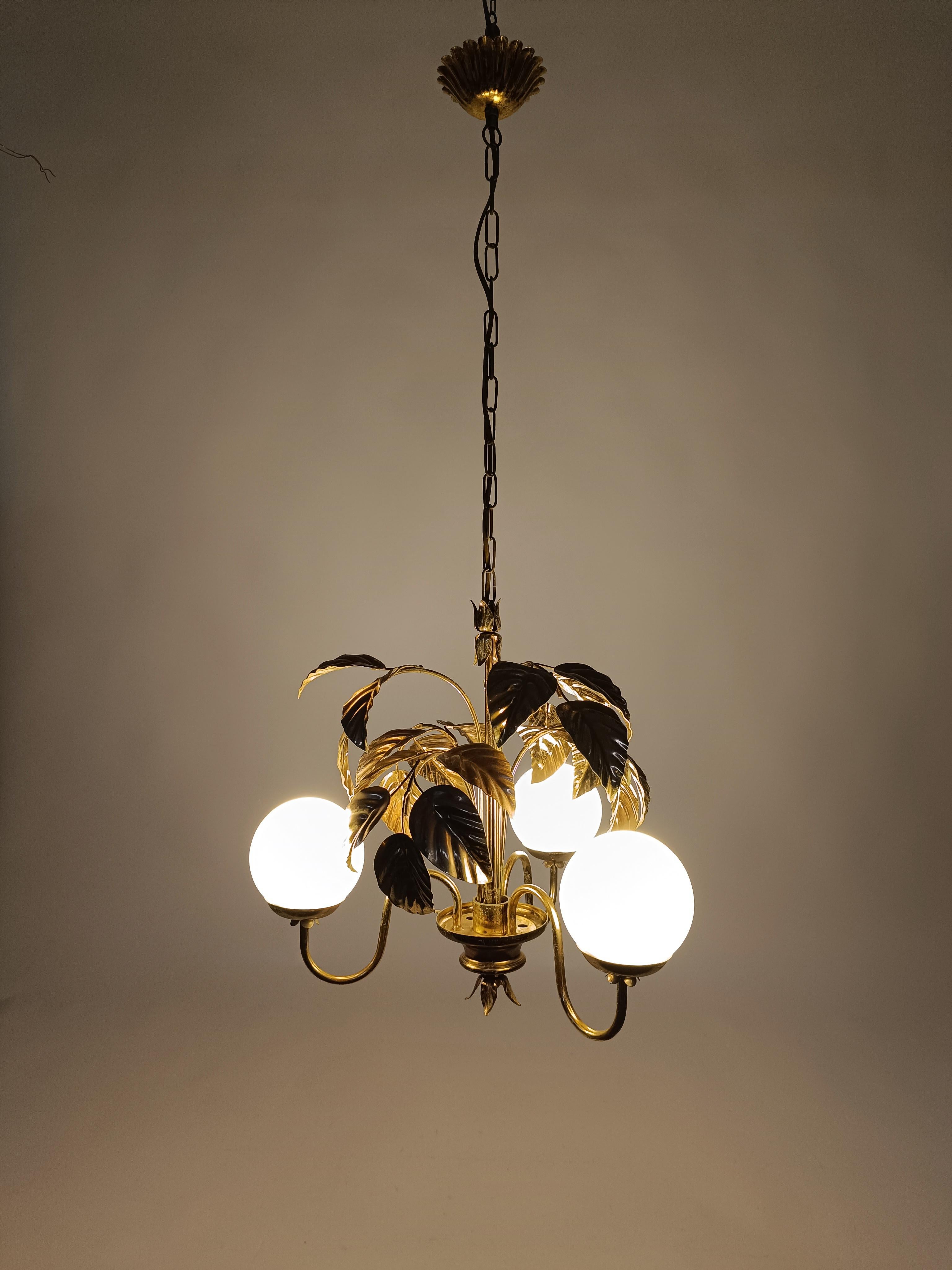 Late 20th Century 1970s Chandelier in the style of Hans Kögl with Gilded Leaves and White Opaline For Sale