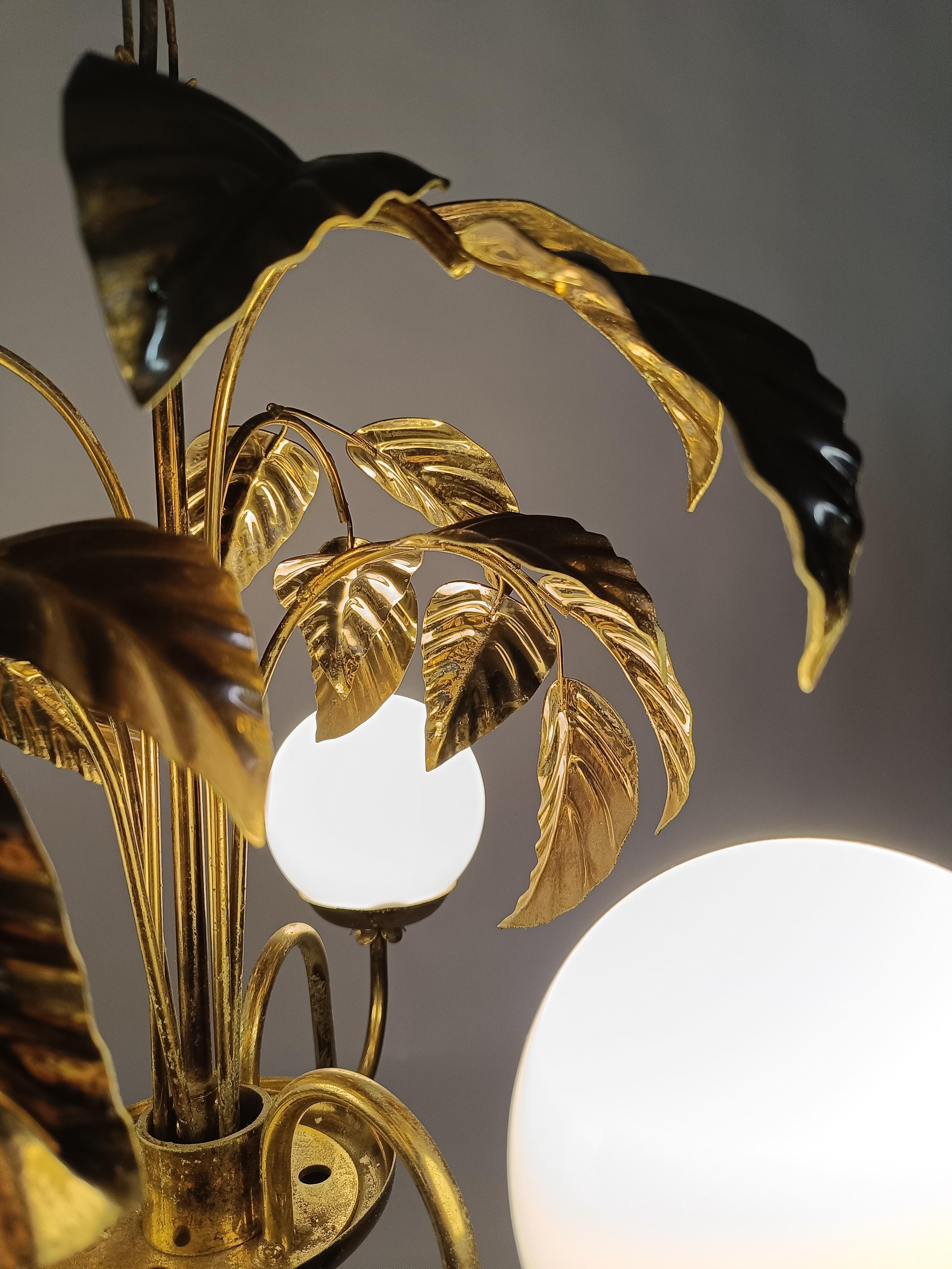 Metal 1970s Chandelier in the style of Hans Kögl with Gilded Leaves and White Opaline For Sale