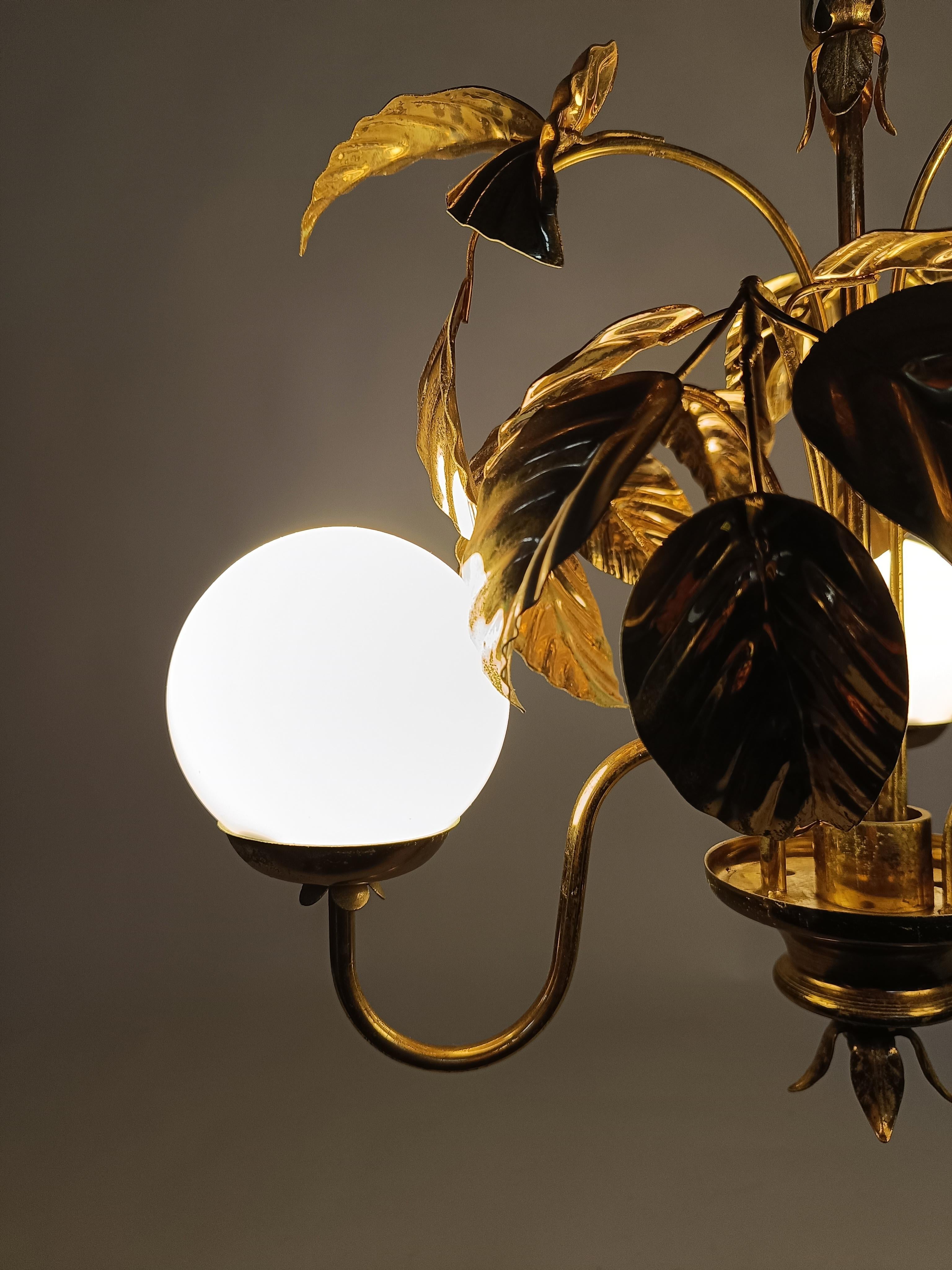 1970s Chandelier in the style of Hans Kögl with Gilded Leaves and White Opaline For Sale 1
