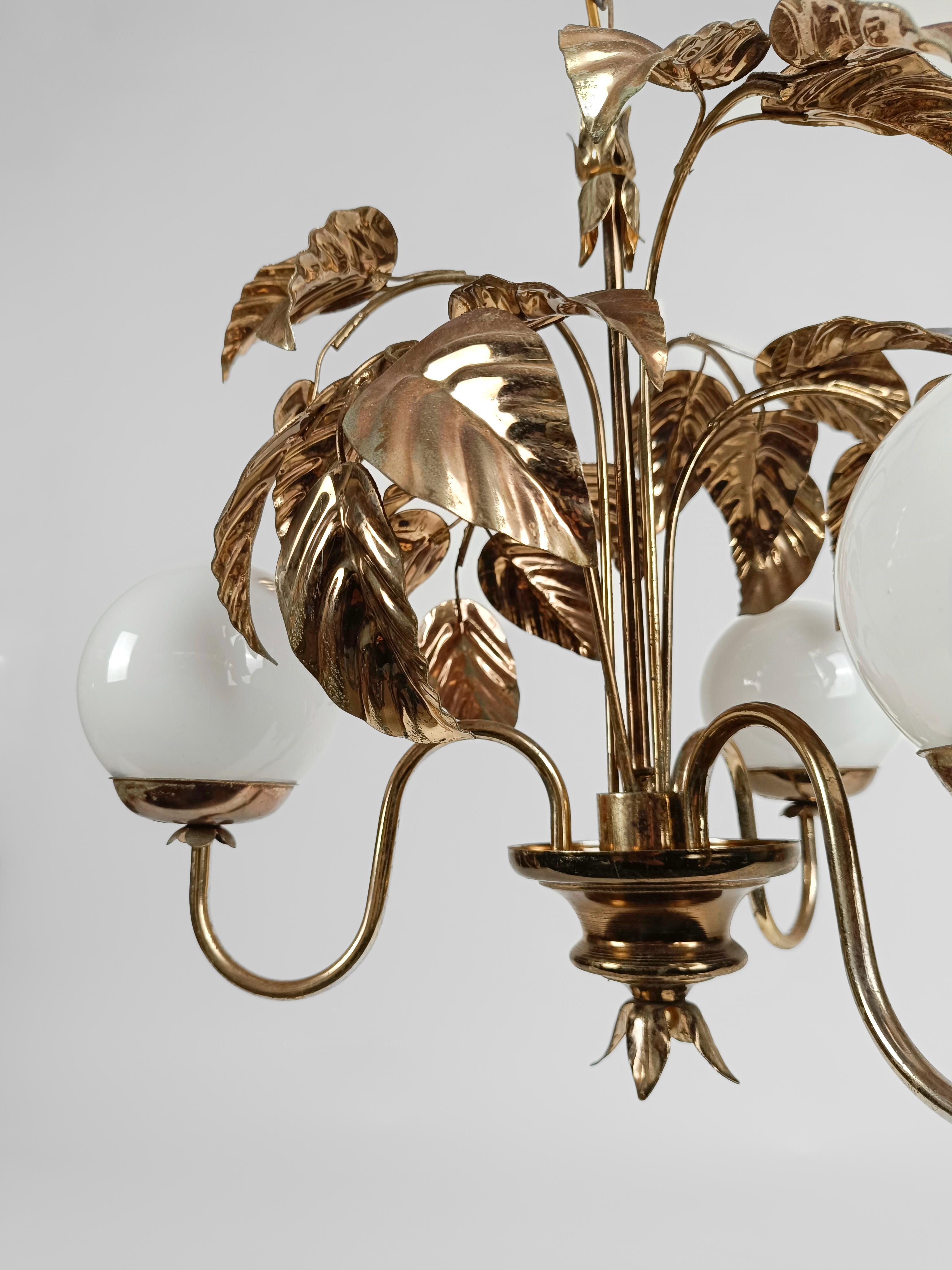 1970s Chandelier in the style of Hans Kögl with Gilded Leaves and White Opaline For Sale 2