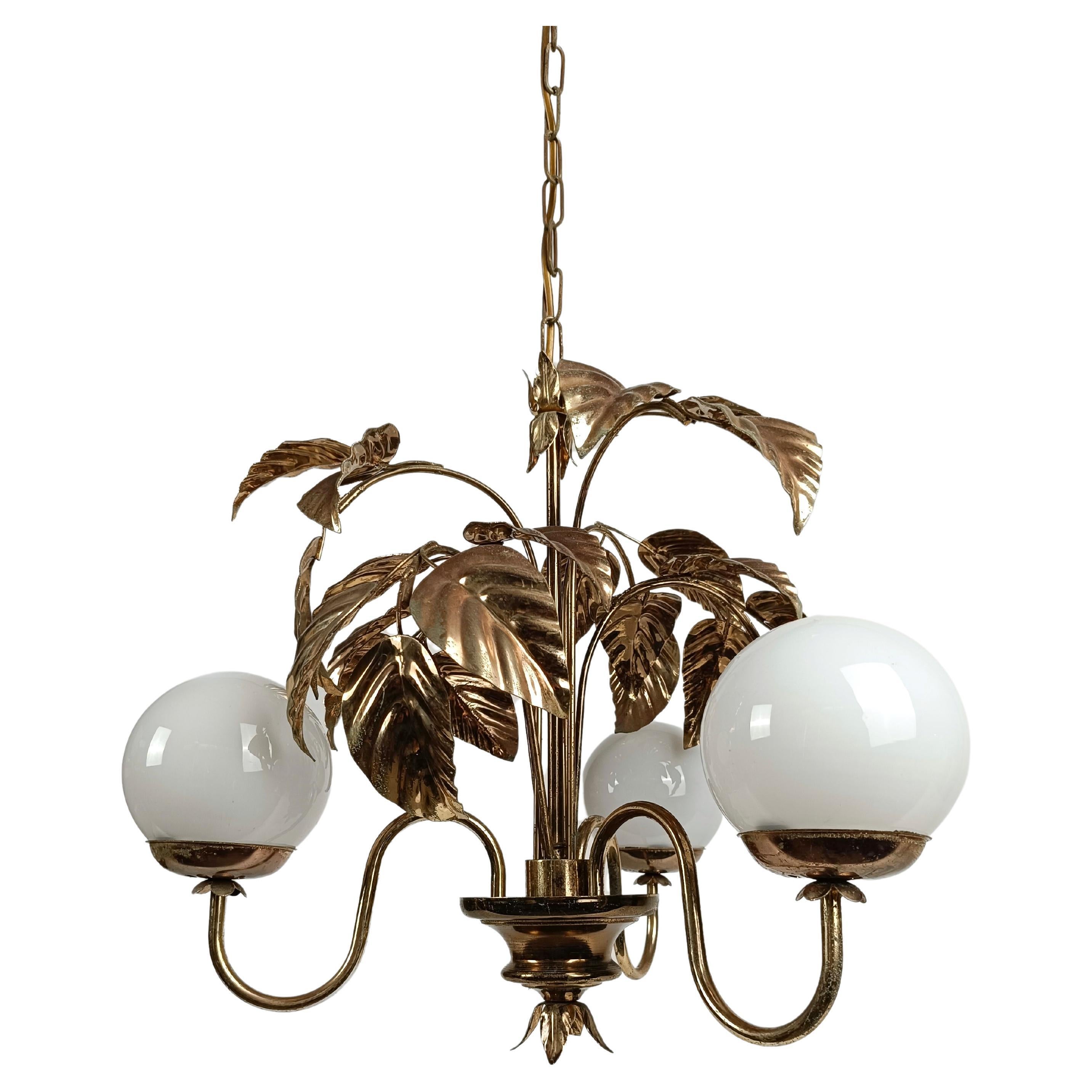 1970s Chandelier in the style of Hans Kögl with Gilded Leaves and White Opaline For Sale