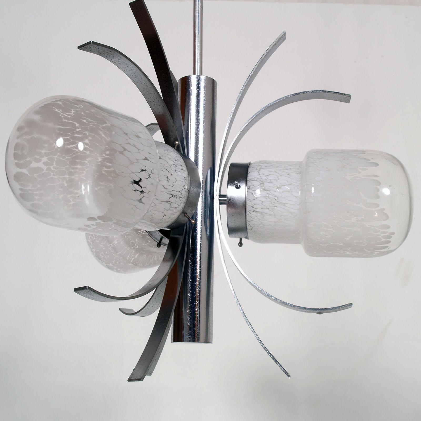 Italian 1960s Chandelier Three Lights in Steel and Murano Glass. Explosion by Mazzega For Sale