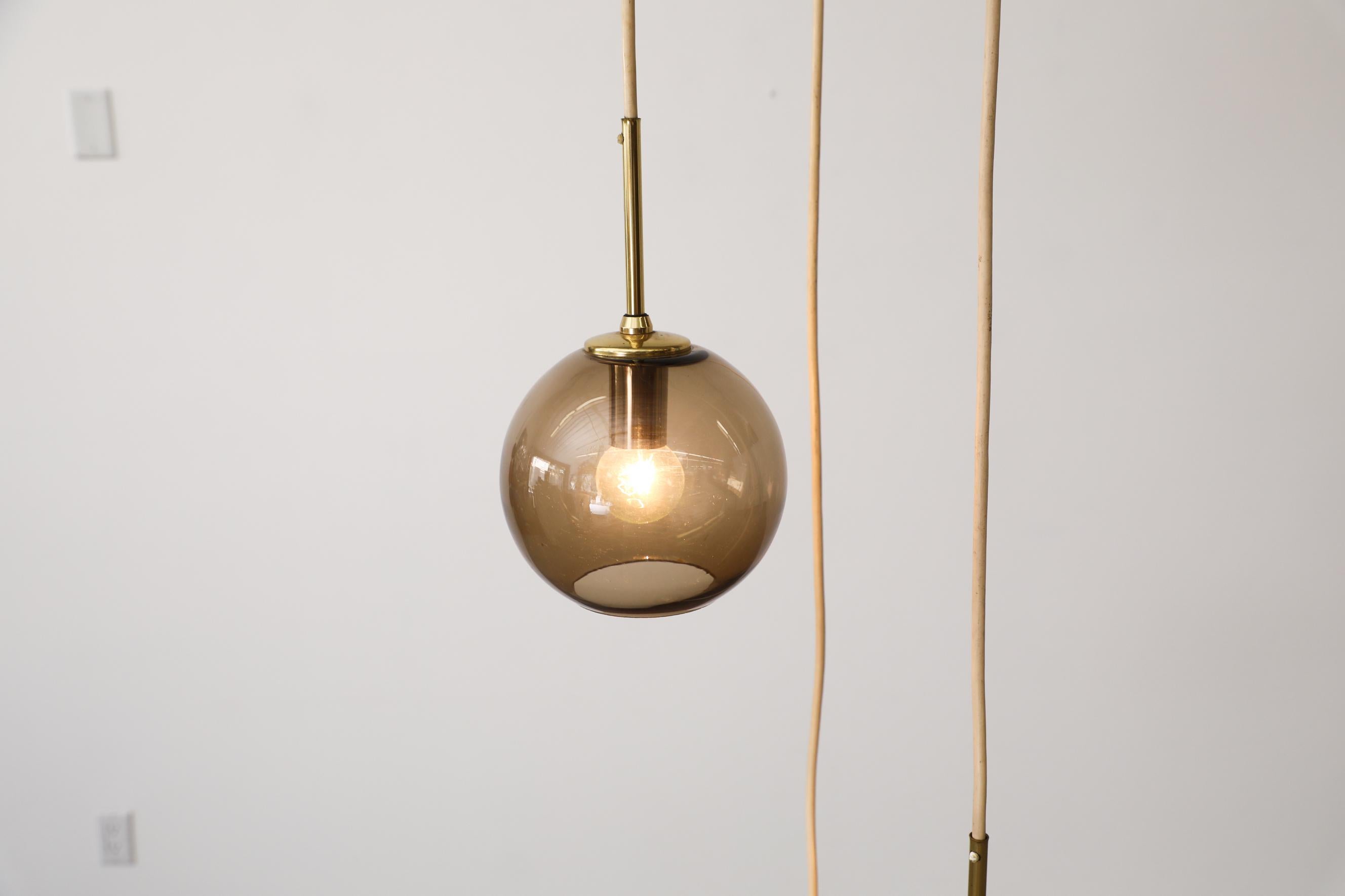 1970s Chandelier with 3 Smoked Glass Globes, Brass Hardware and Triple Canopy For Sale 6