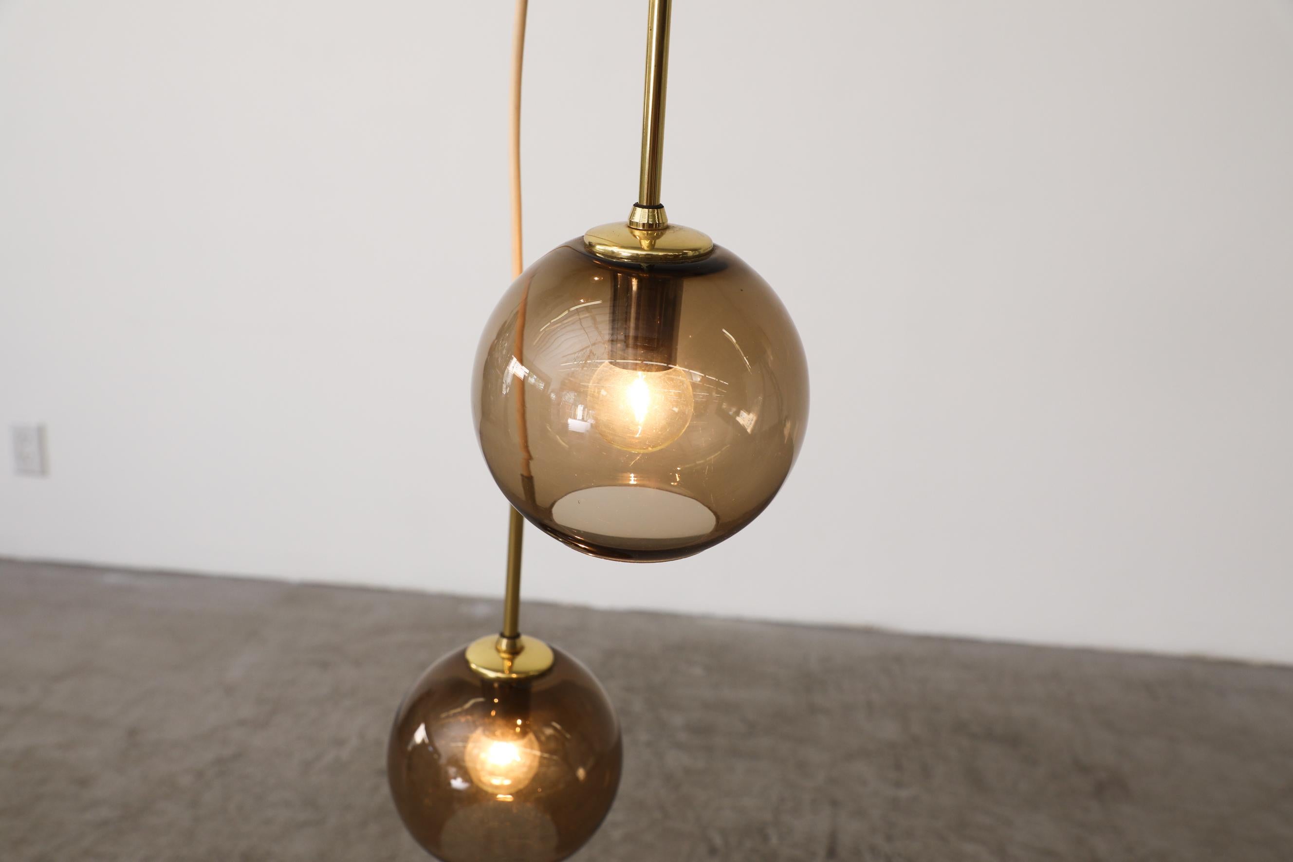 1970s Chandelier with 3 Smoked Glass Globes, Brass Hardware and Triple Canopy For Sale 7