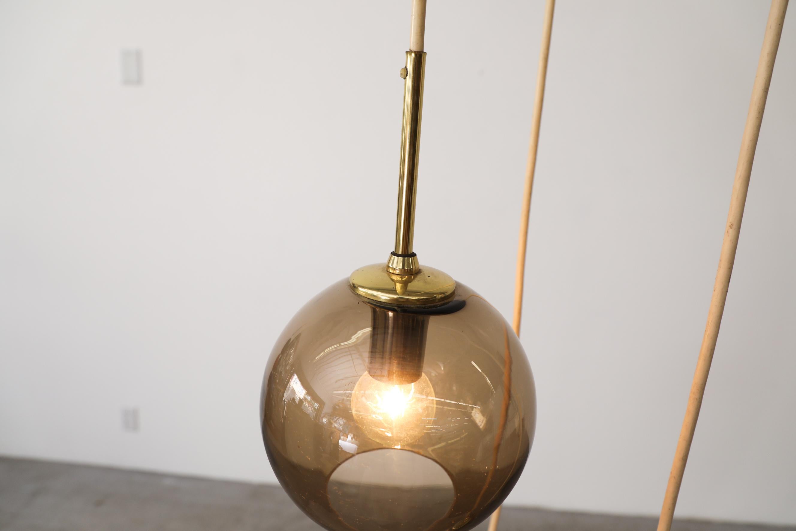 1970s Chandelier with 3 Smoked Glass Globes, Brass Hardware and Triple Canopy For Sale 9