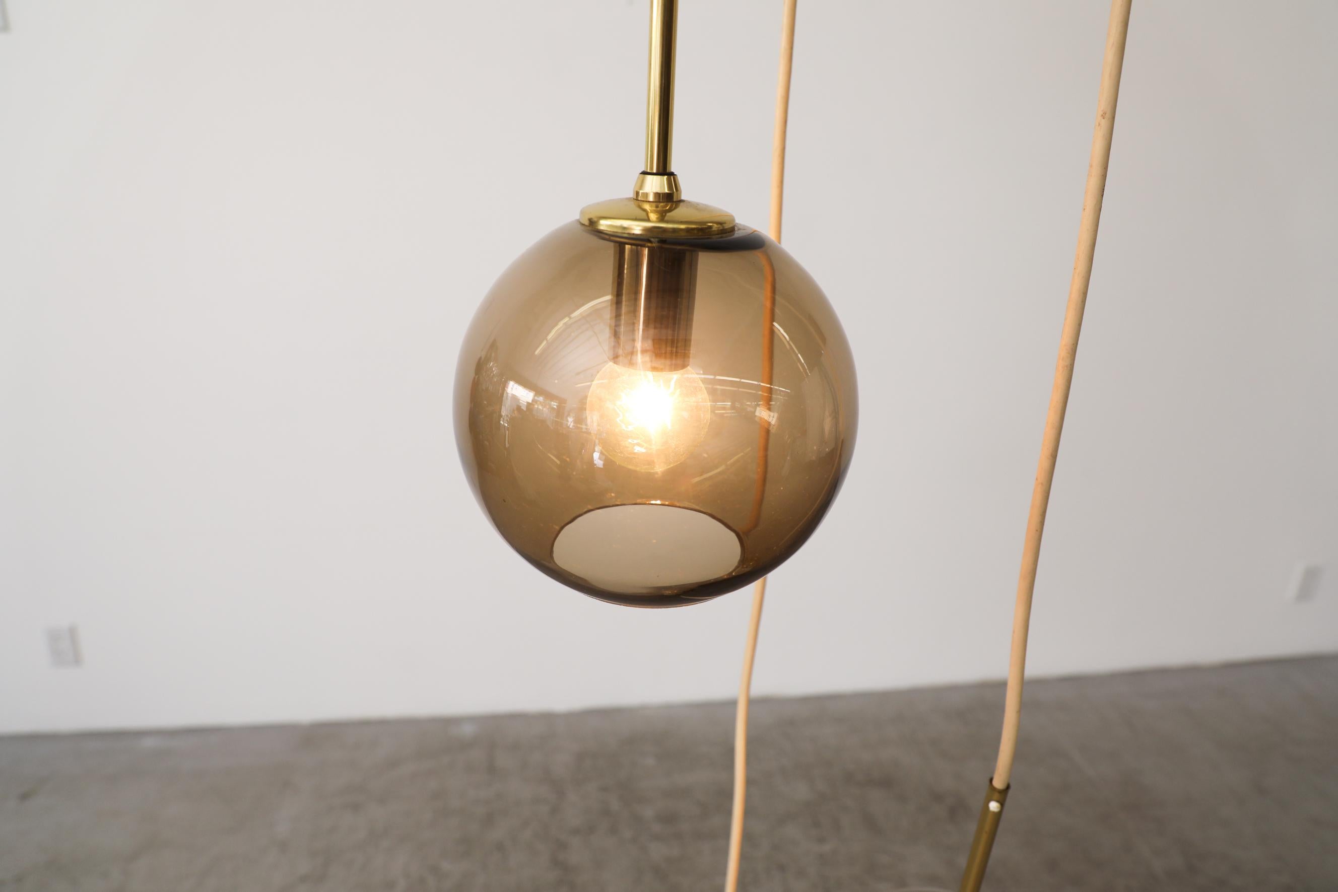 1970s Chandelier with 3 Smoked Glass Globes, Brass Hardware and Triple Canopy For Sale 11