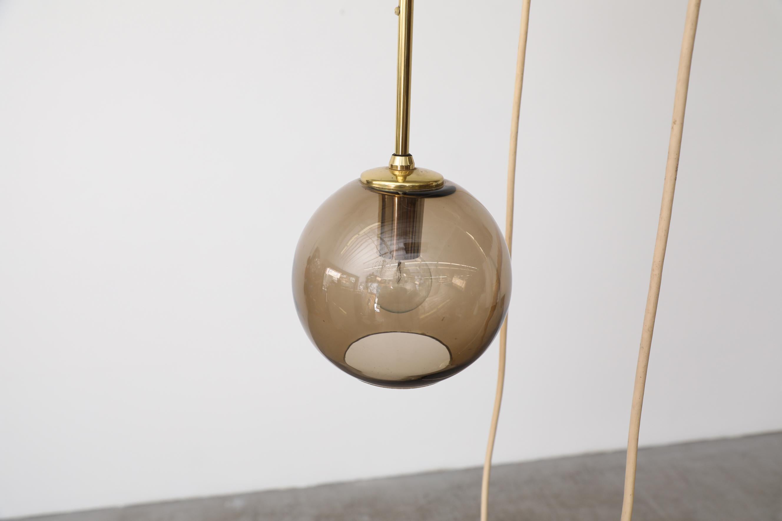 1970s Chandelier with 3 Smoked Glass Globes, Brass Hardware and Triple Canopy For Sale 12