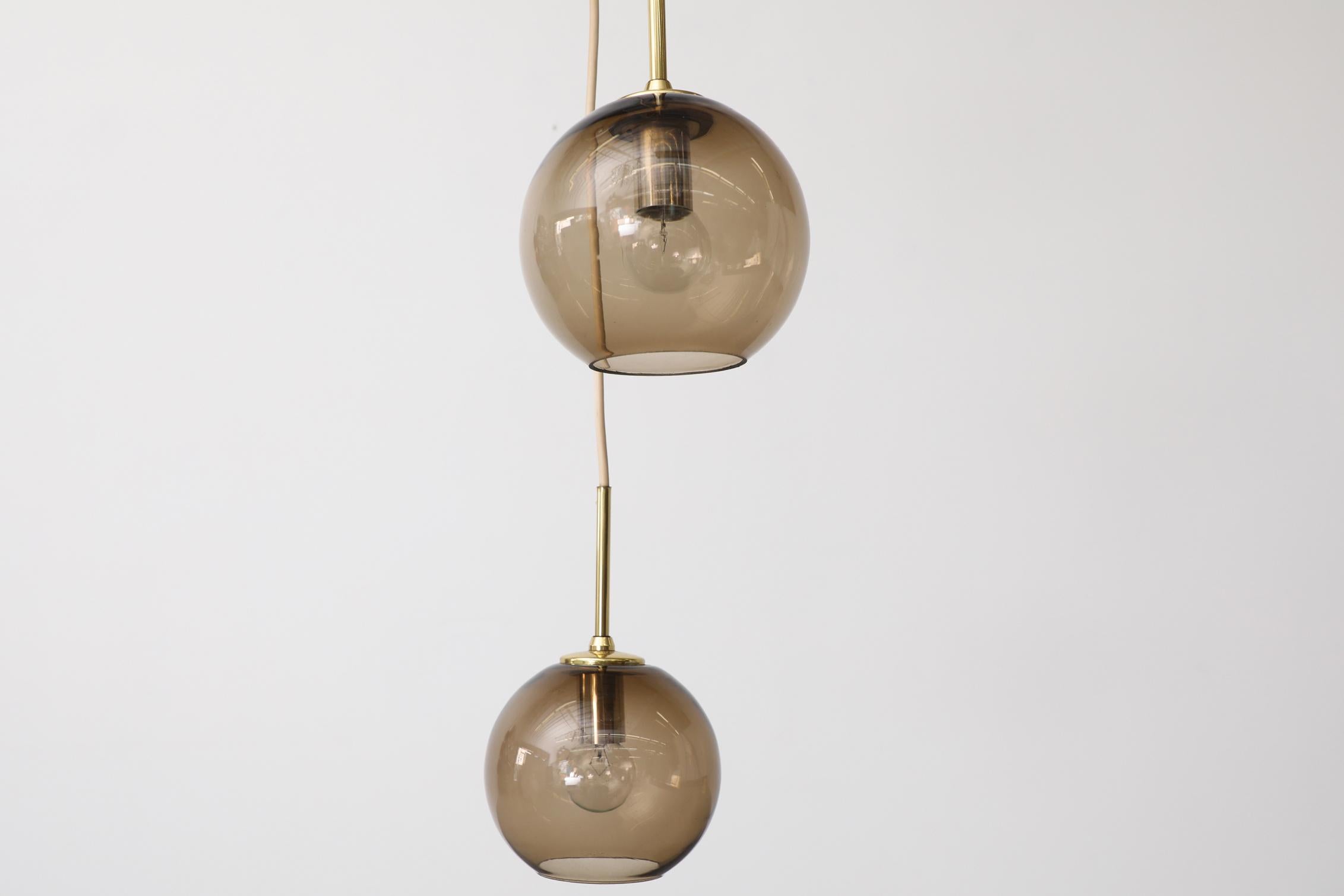 1970s Chandelier with 3 Smoked Glass Globes, Brass Hardware and Triple Canopy For Sale 13