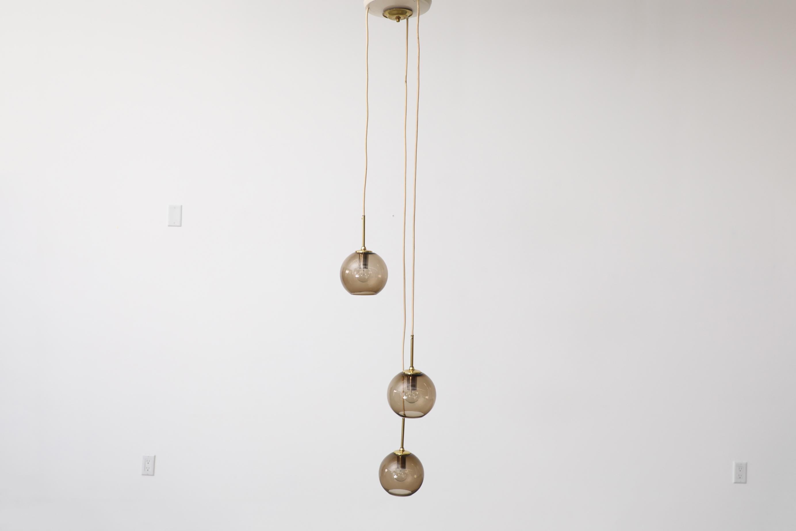 Late 20th Century 1970s Chandelier with 3 Smoked Glass Globes, Brass Hardware and Triple Canopy For Sale