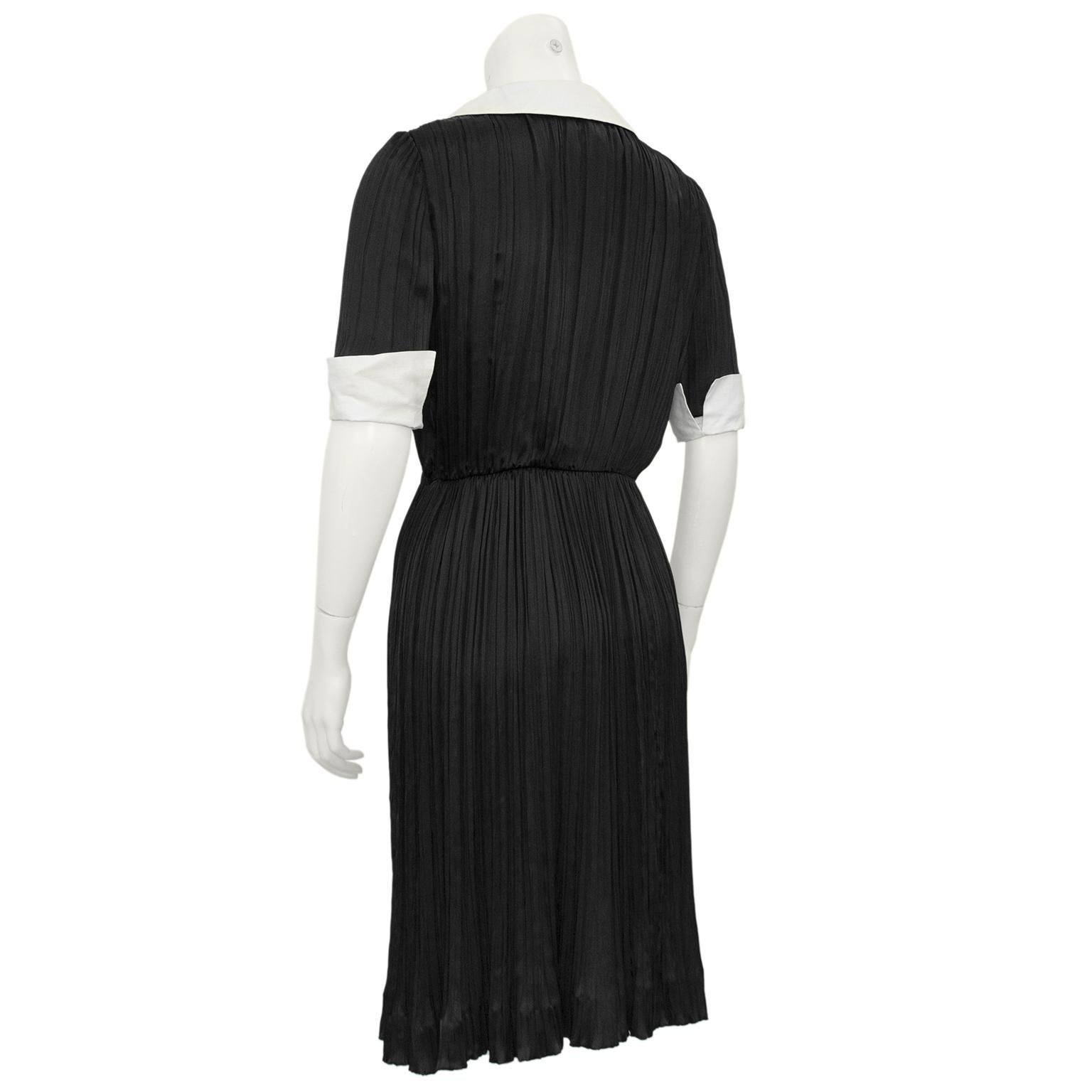 1970s Chanel Creations Black Silk Micro Pleated Shirt Dress In Good Condition For Sale In Toronto, Ontario