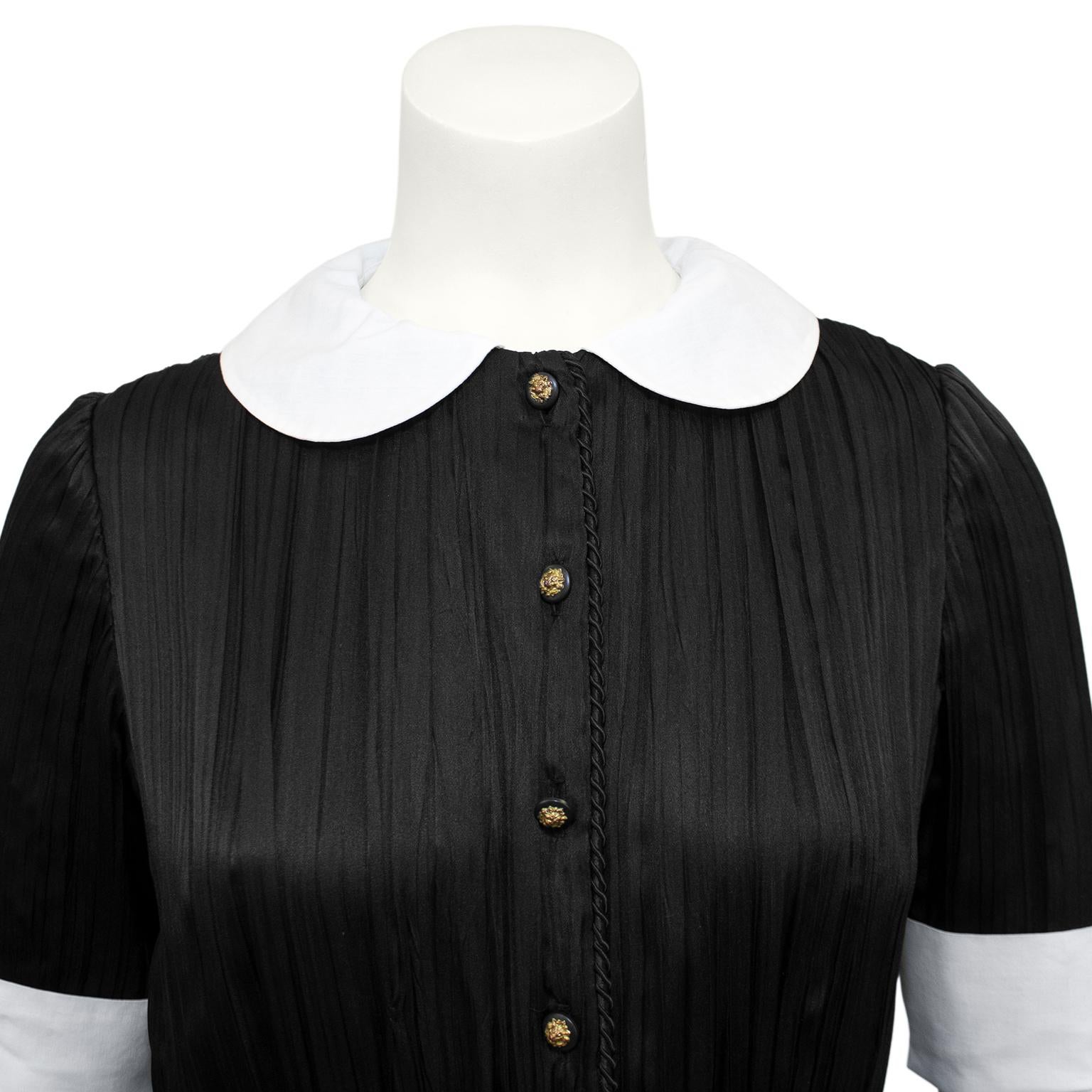 Women's 1970s Chanel Creations Black Silk Micro Pleated Shirt Dress For Sale