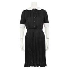 1970s Chanel Creations Black Silk Micro Pleated Shirt Dress
