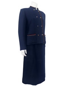 1970's Chanel Creations Paris Navy Bouclé Suit Trimmed in Burgundy