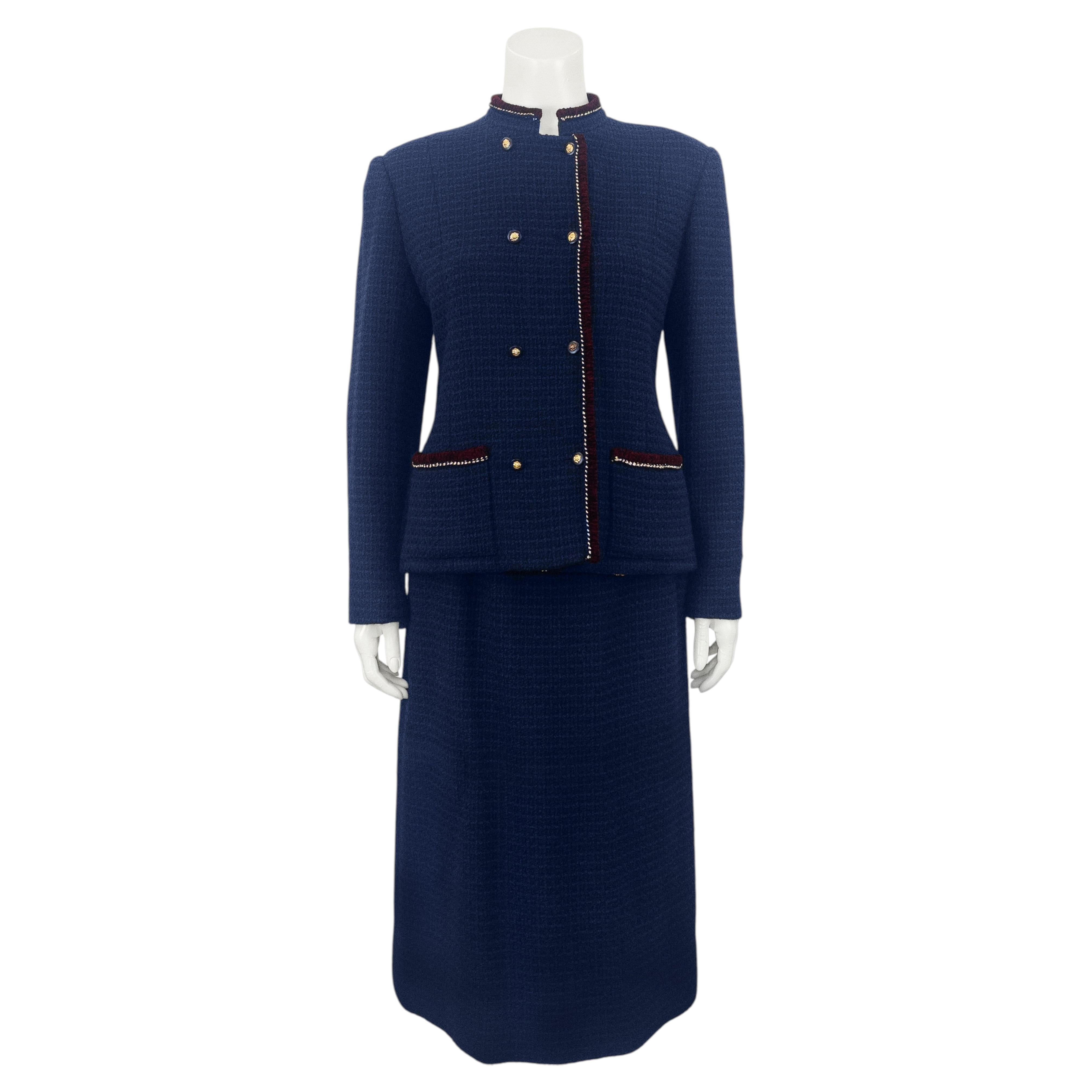 1970's Chanel Creations Paris Navy Bouclé Suit Trimmed in Burgundy For Sale