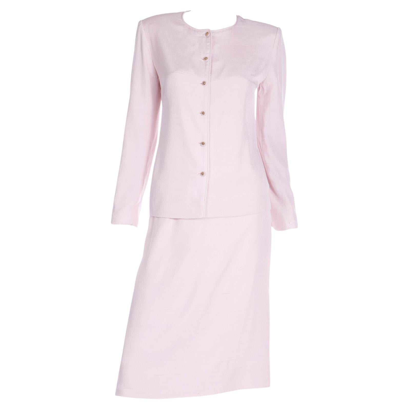 1970s Chanel Creations Philippe Guibourge Pink Silk Jacket & Skirt Suit  For Sale