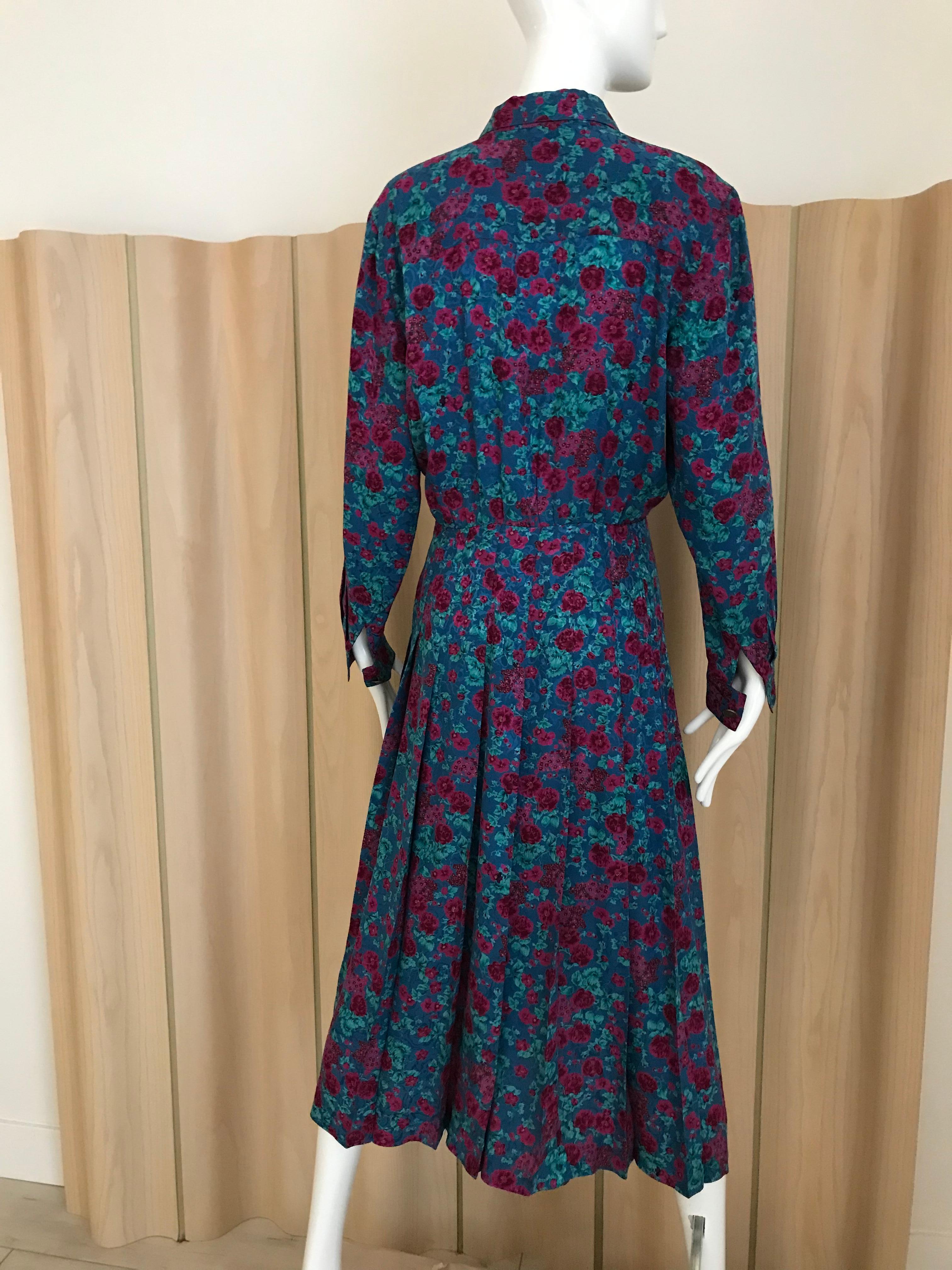 Purple 1970s Chanel Floral Print Silk Long Sleeve Dress