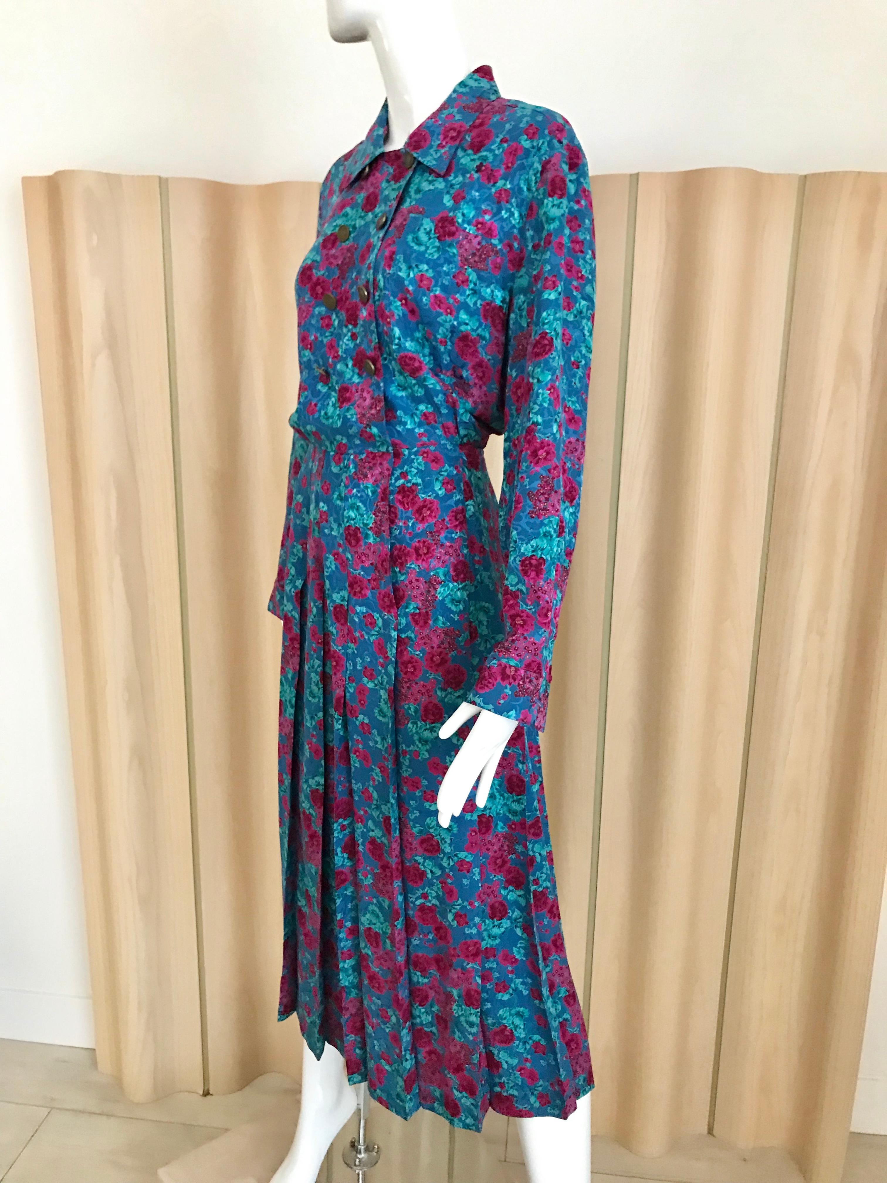 1970s Chanel Floral Print Silk Long Sleeve Dress 1