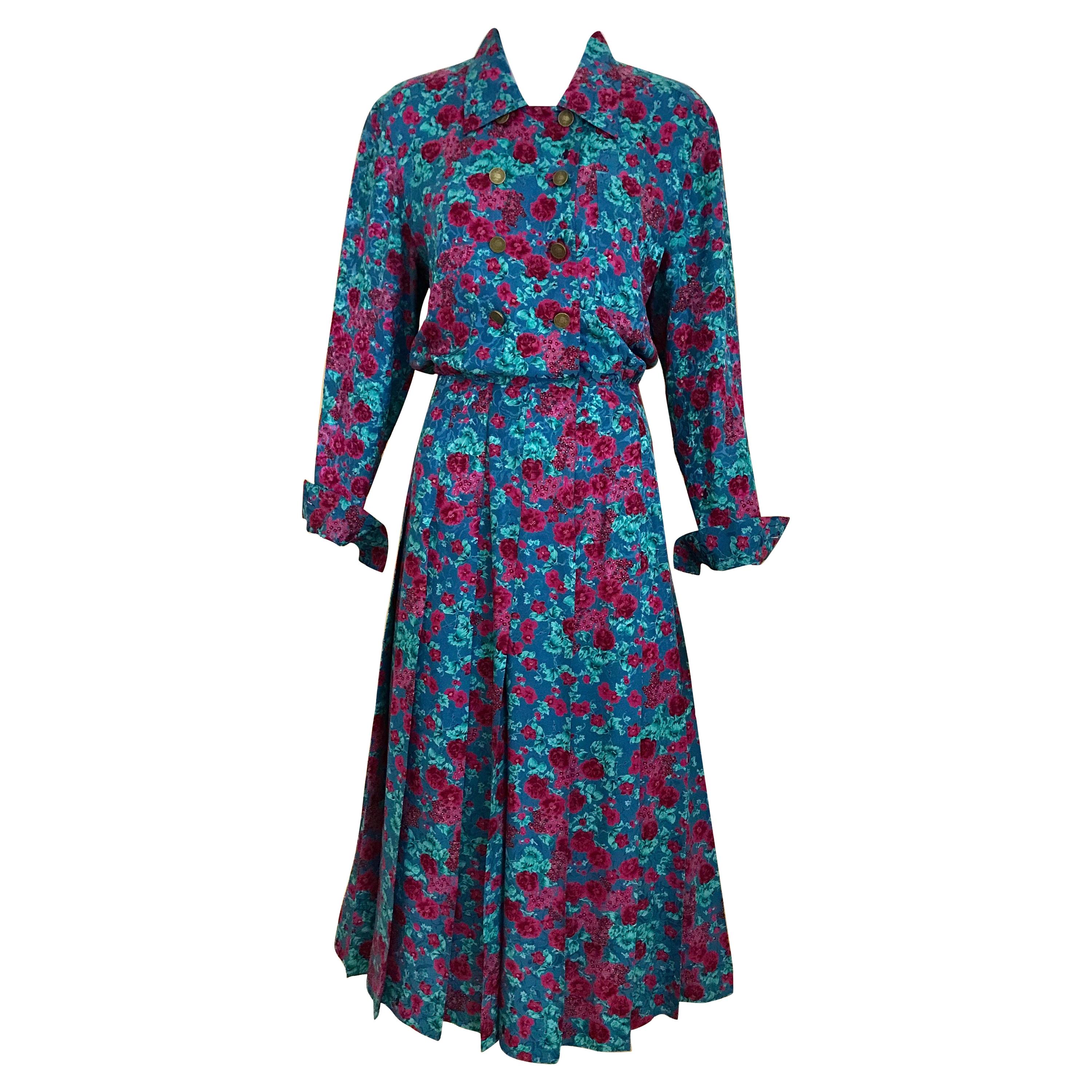 1970s Chanel Floral Print Silk Long Sleeve Dress
