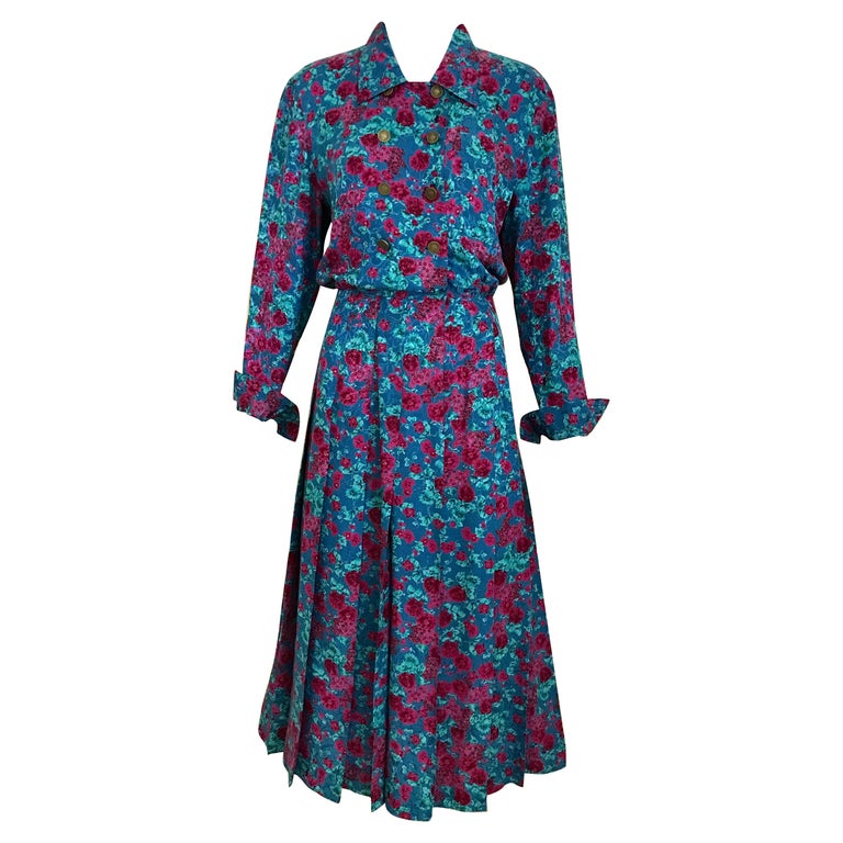 1970s Chanel Floral Print Silk Long Sleeve Dress at 1stDibs