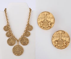 1970s CHANEL Gold Medallion Coat of Arms Crest Lion Necklace Earring Set