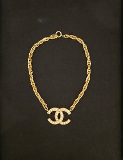 1970s Vintage CHANEL Gold Plated Rhinestone CC Charm Chain Necklace