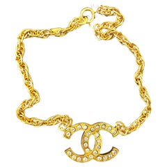 1970s Vintage CHANEL Gold Plated Rhinestone CC Charm Chain Necklace