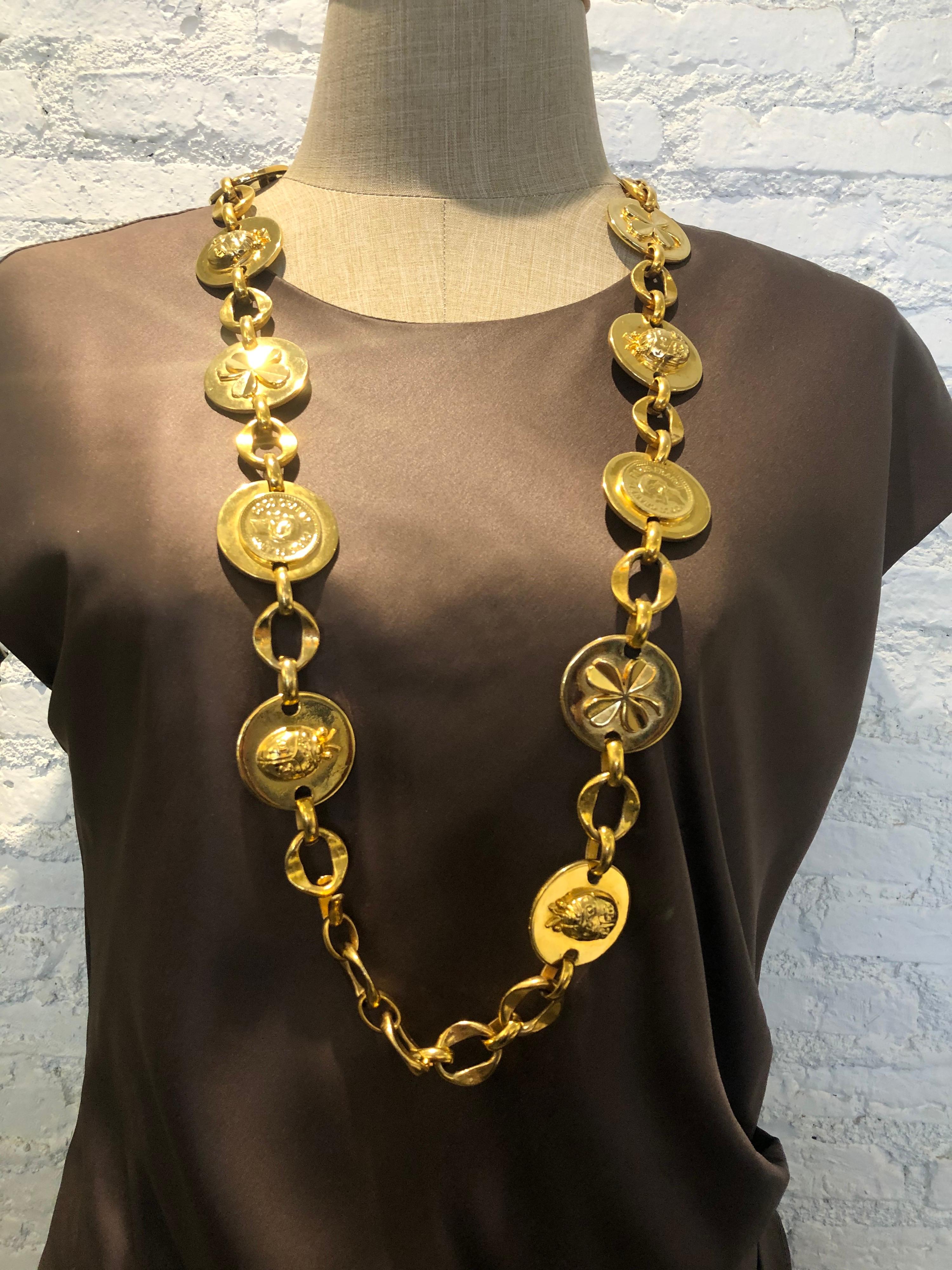 Vintage Chanel Gold Toned Coco Ladybug Clover Chaim Belt Necklace  1