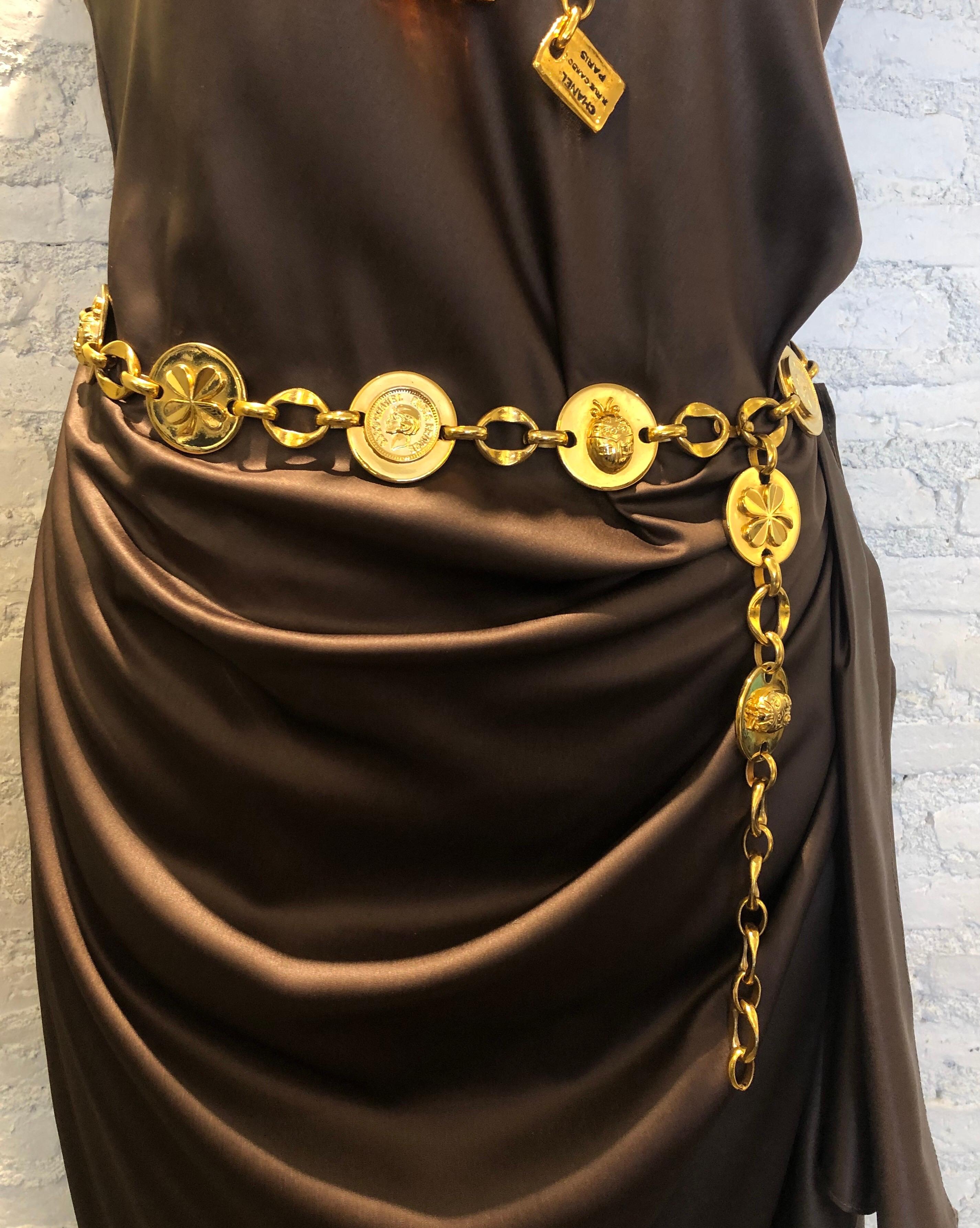 Vintage Chanel Gold Toned Coco Ladybug Clover Chaim Belt Necklace  2