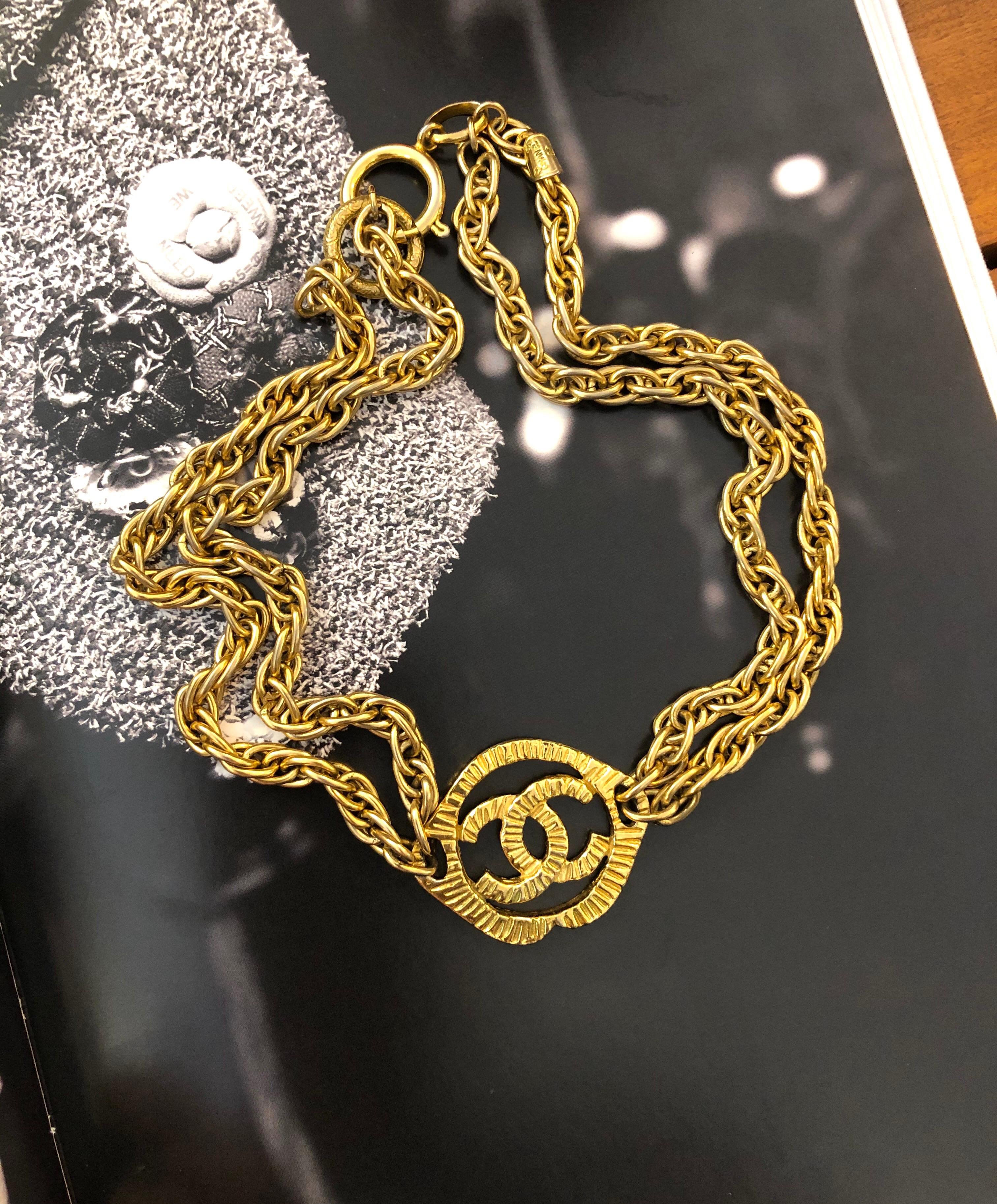 1970s Chanel Gold Toned Double Chain CC Charm Necklace 4